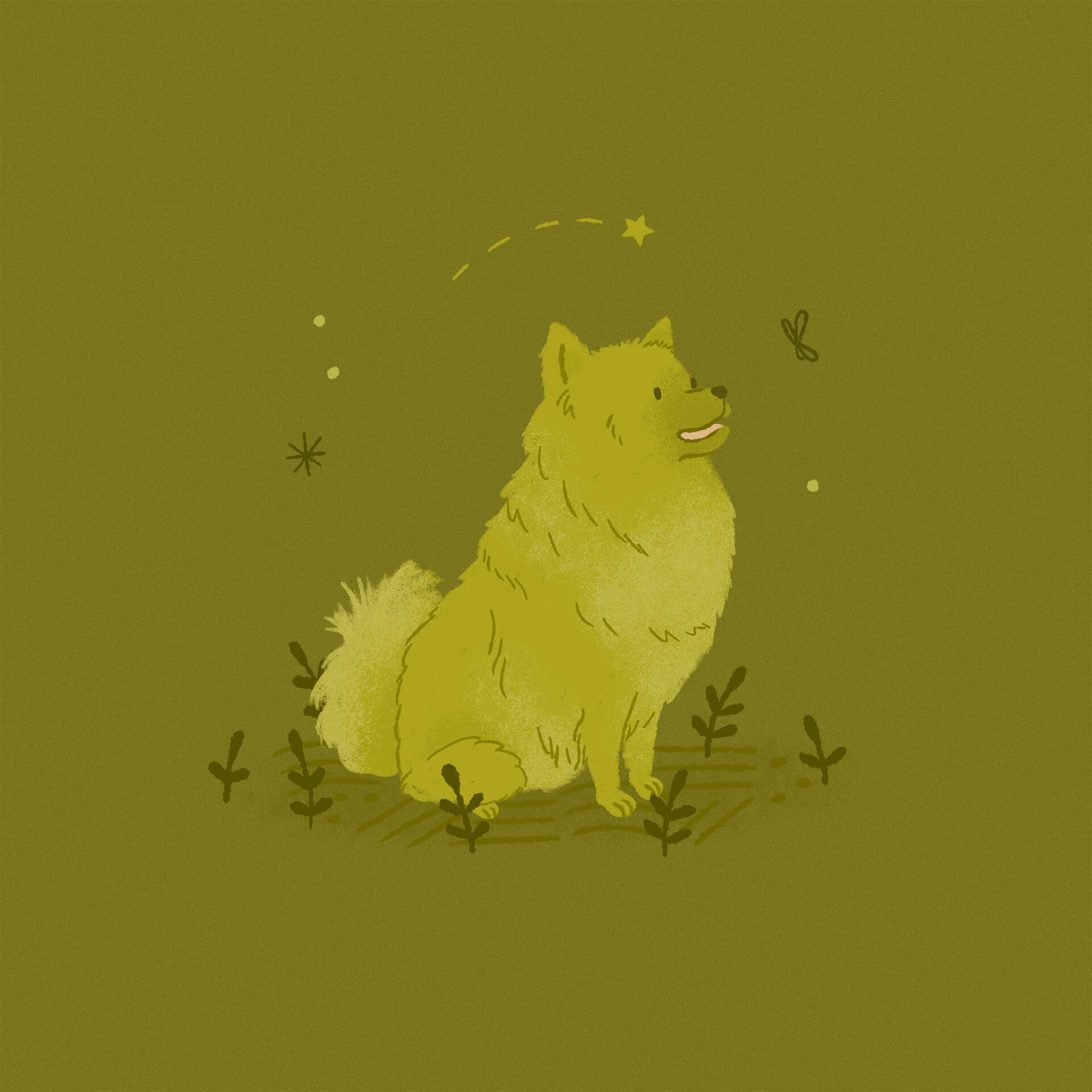 An illustration of a green Mittelspitz dog sitting in the grass