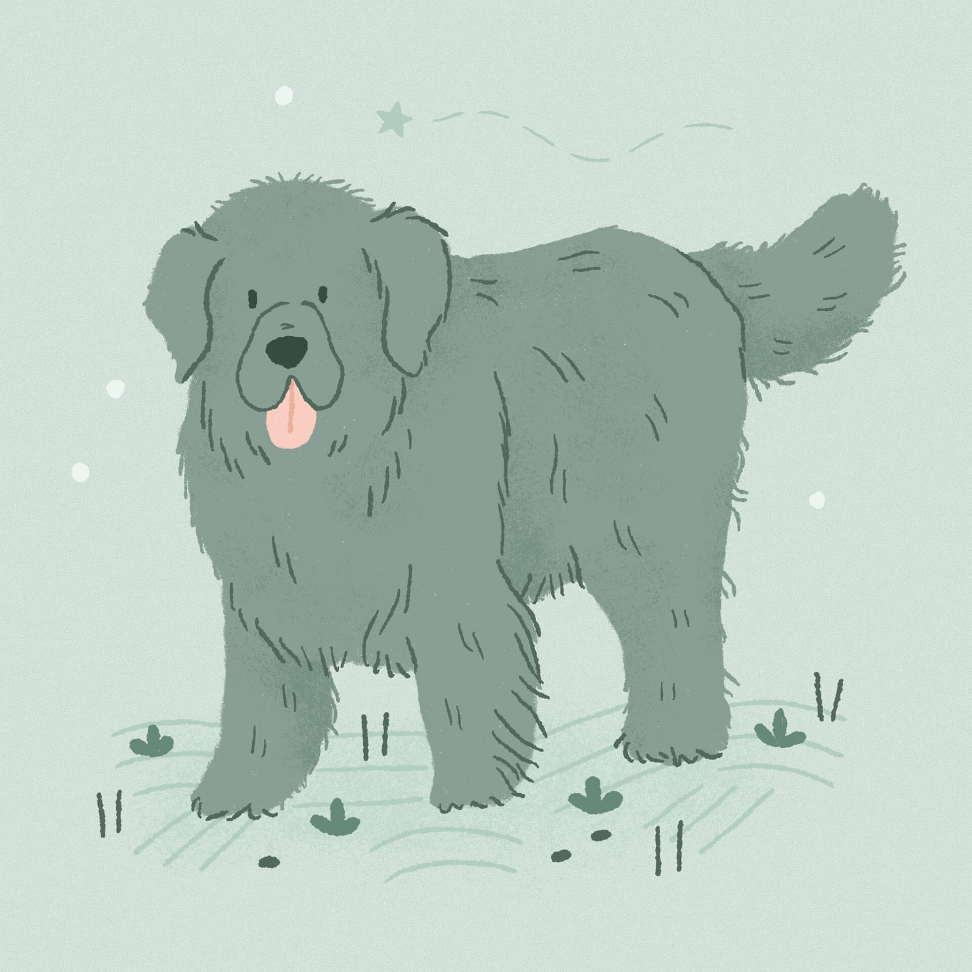 An illustration of a blue newfoundland dog smiling with its tongue out
