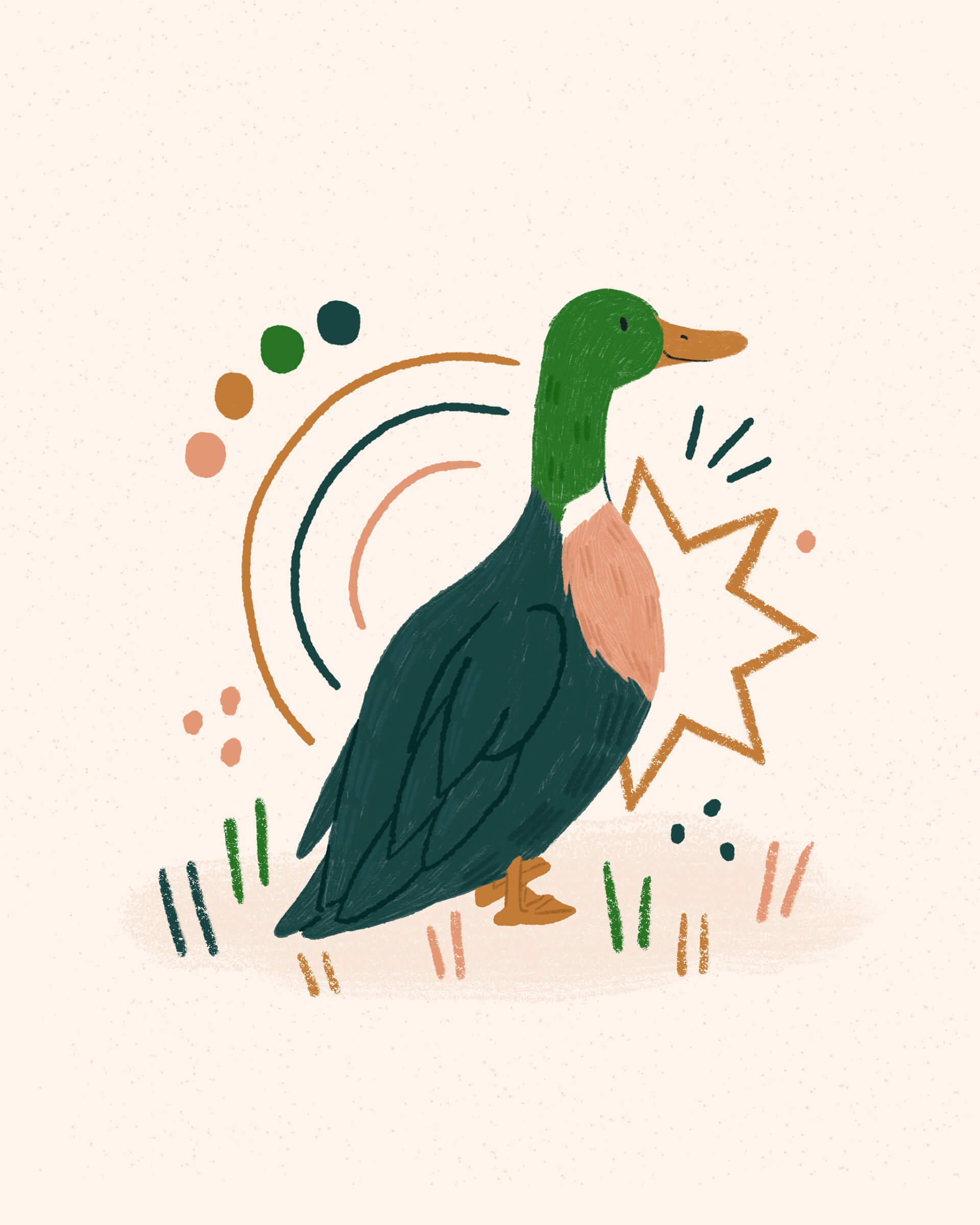 An illustration of a blue and green duck surrounded by colourful markings