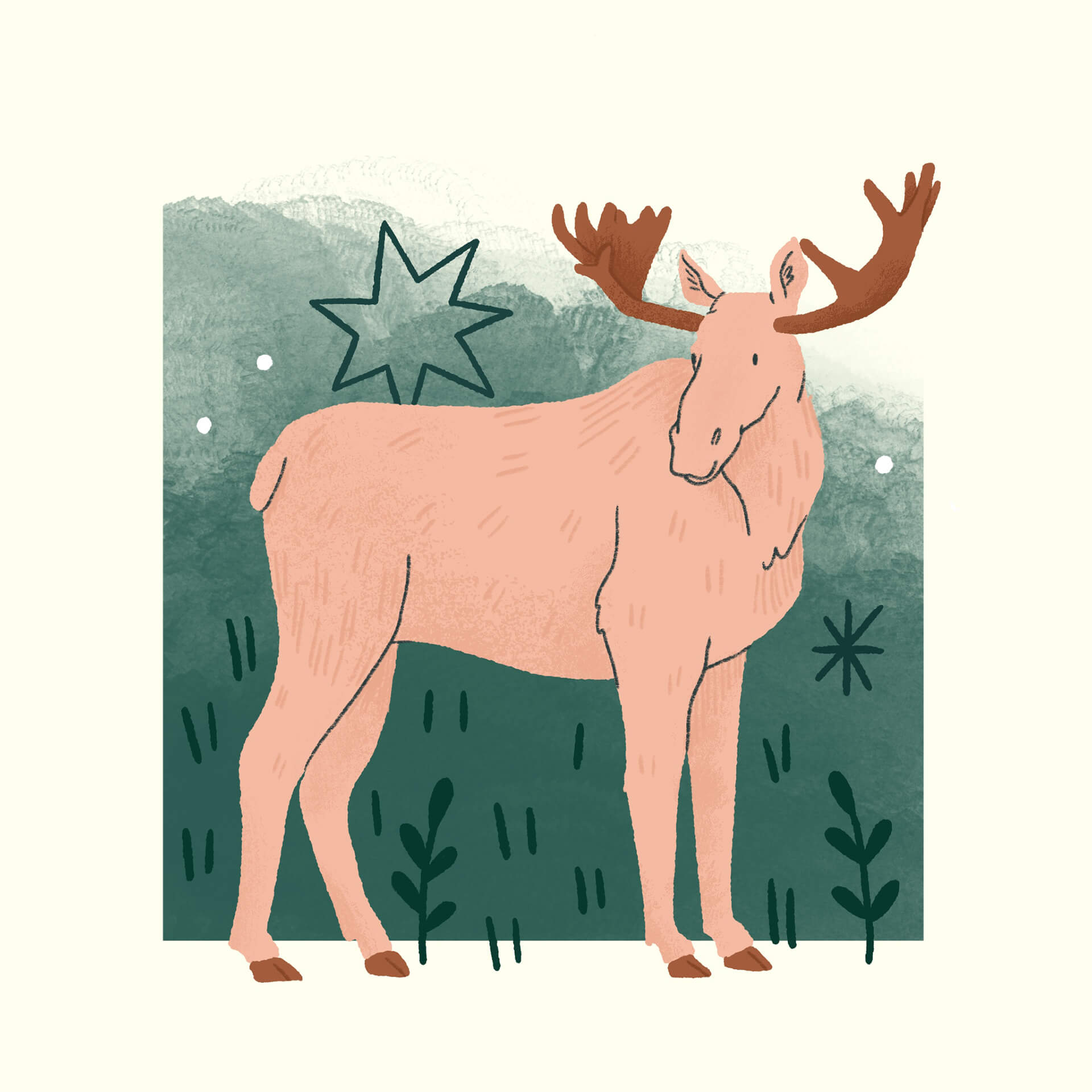 An illustration of a pink moose with orange antlers, on a green watercolour background