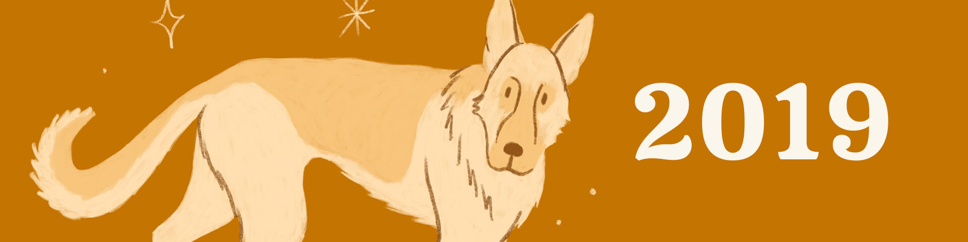 An illustration of an orange german shepherd next to the word 2019 in big white serif letters