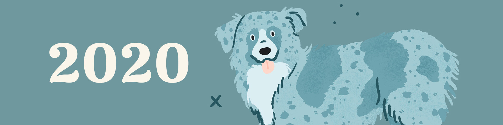 An illustration of a blue merle Australian shepherd on a bluey green background. The word 2020 is next to it in bright white serif letters