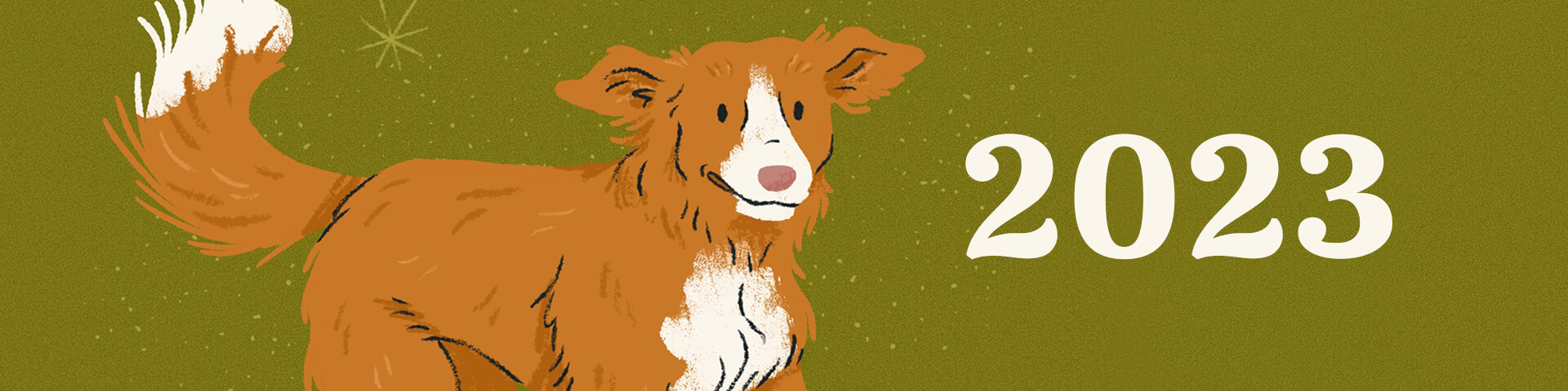 an illustrated banner of a nova scotia duck tolling retriever running on a bright olive-y green background. The word 2023 is written on the right hand side in a serif font