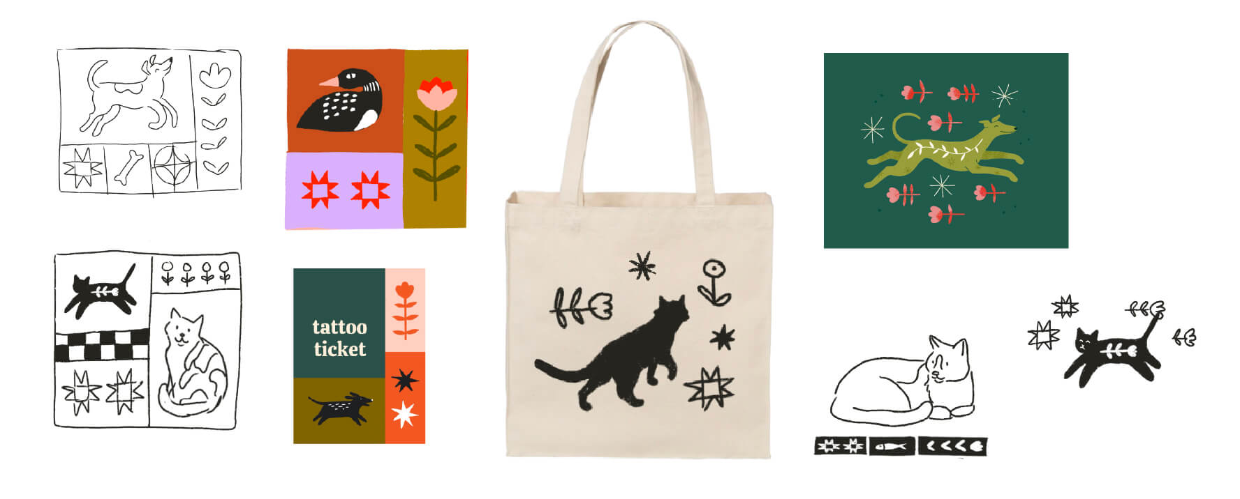 A mood board and sketches for the tote bag concept