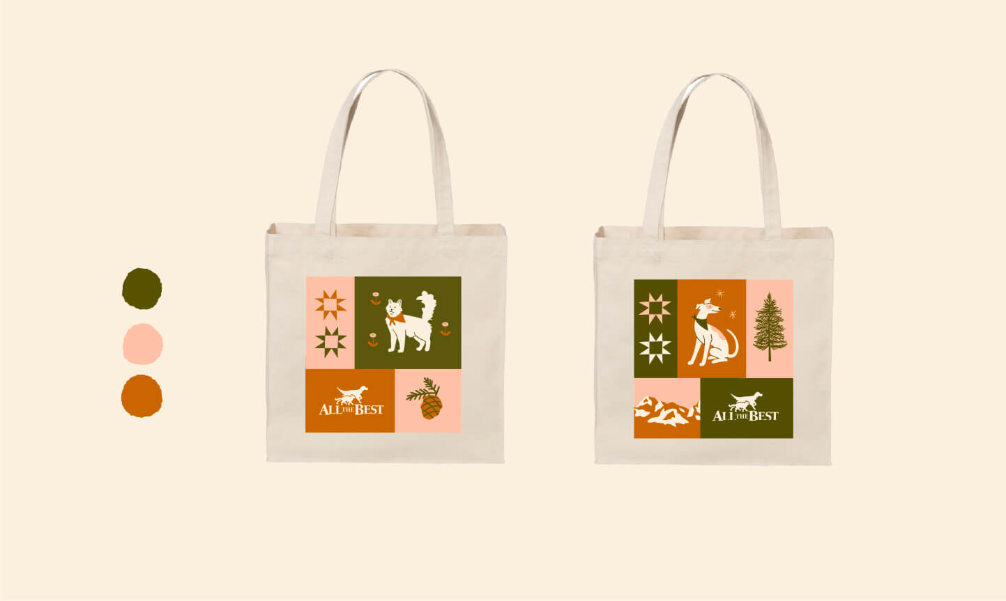 two mockups of the tote bags with a suggested colour palette of pink, orange, and green