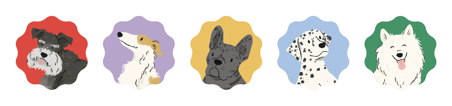 customer approval badges with various dog breeds in them, including a schnauzer, borzoi, frenchie, Dalmatian, and samoyed