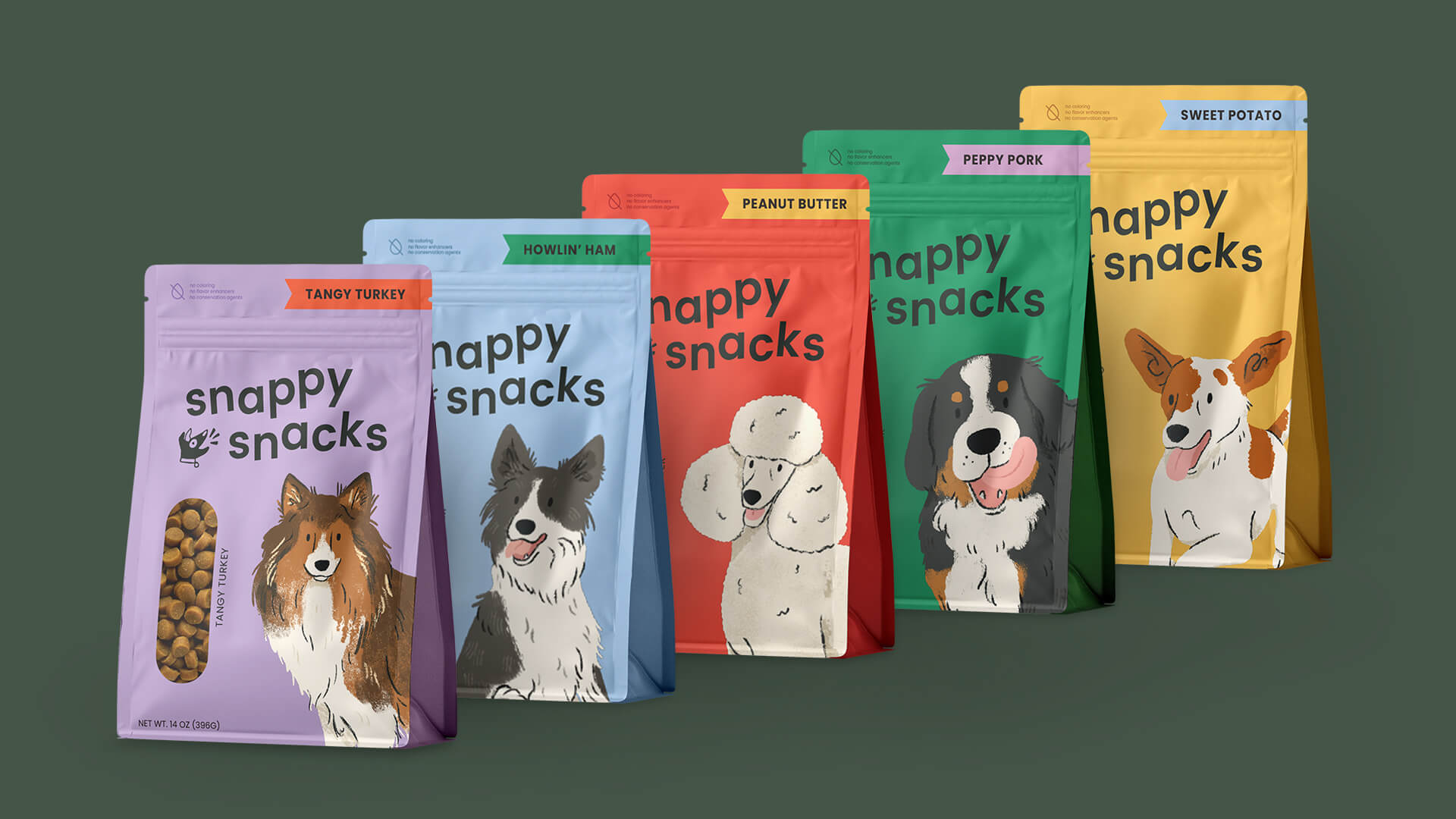 a group of dog treat pouches with various dog breed illustrations in bold color palettes