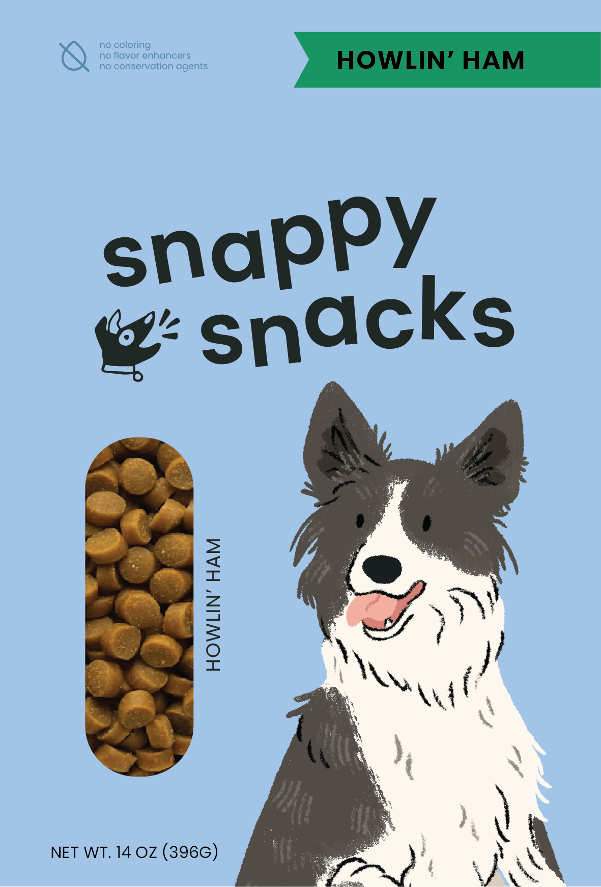 Front Design for Snappy Snacks dog treat packaging in Howlin Ham flavor. There is a happy Border Collie with it's tongue out next to a window with the treats inside