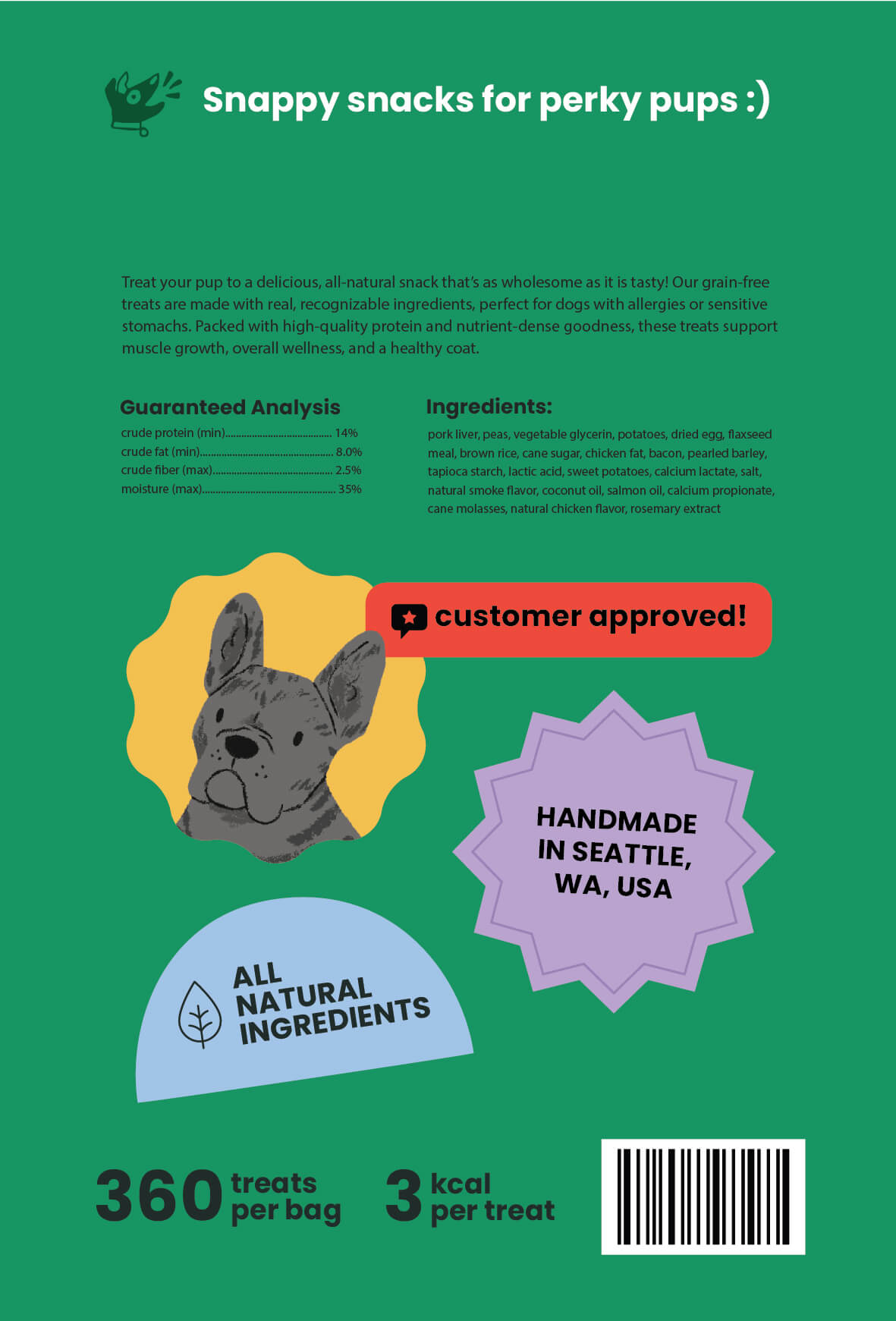 The back of Snappy Snacks dog treat packaging in peppy pork flavor. A green background, a french bulldog customer approval, and several colorful badges and stickers