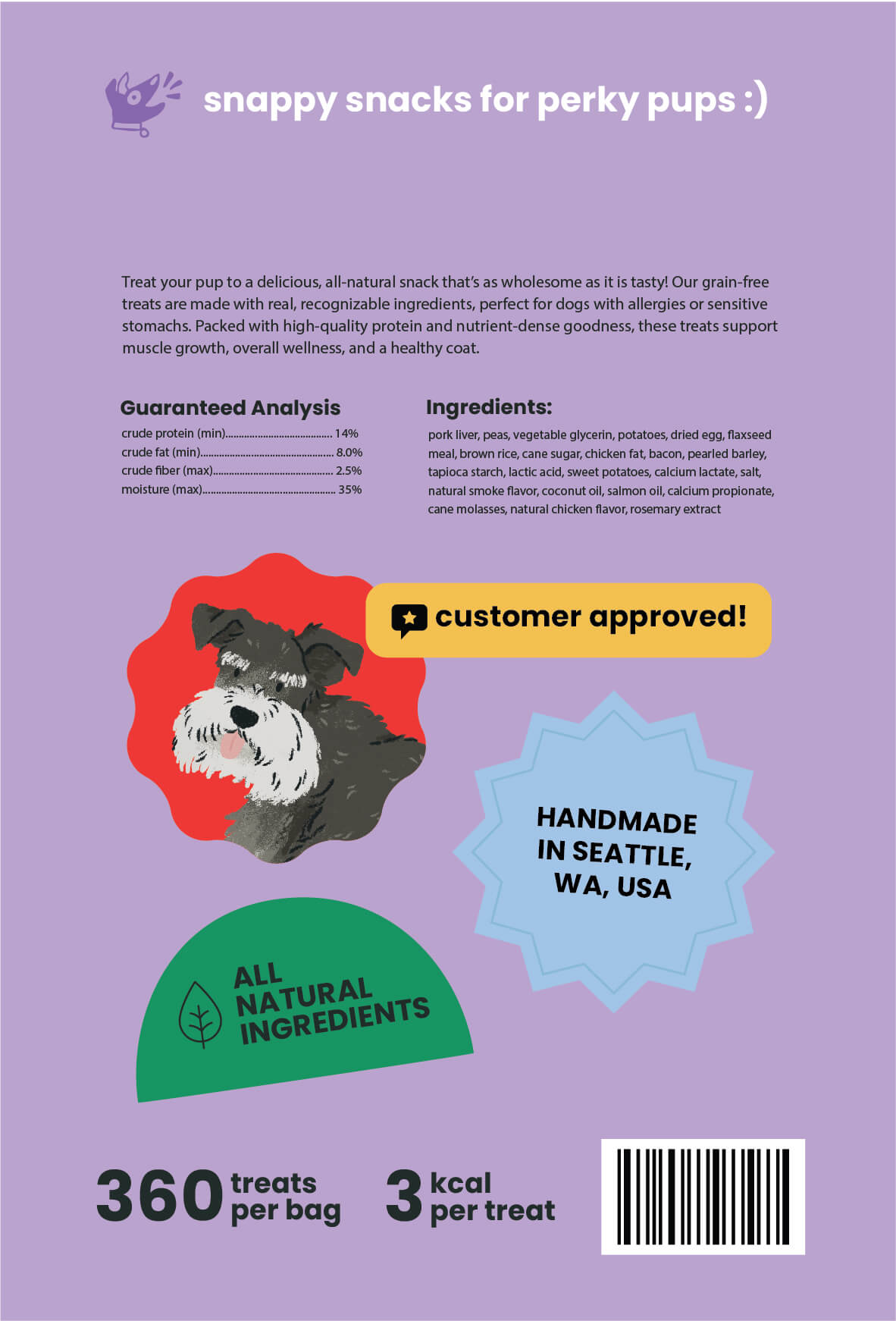 The back of Snappy Snacks dog treat packaging in tangy turkey flavor. A purple background, a schnauzer customer approval, and several colorful badges and stickers