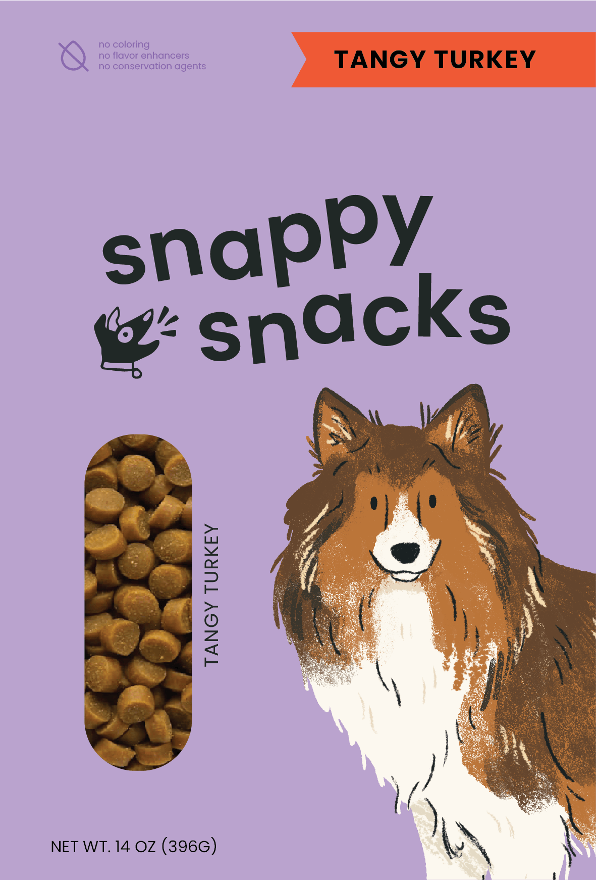 Front Design for Snappy Snacks dog treat packaging in Tangy Turkey flavor. There is a shetland sheepdog with it's tongue out next to a window with the treats inside