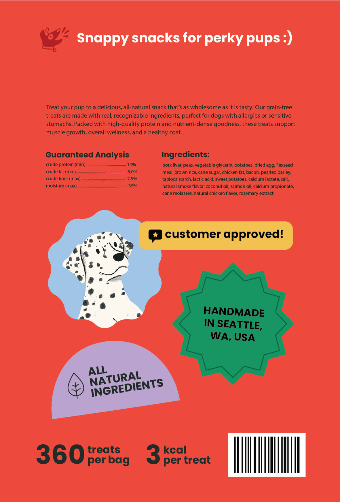 The back of Snappy Snacks dog treat packaging in peanut butter flavor. A red background, a dalmatian customer approval, and several colorful badges and stickers