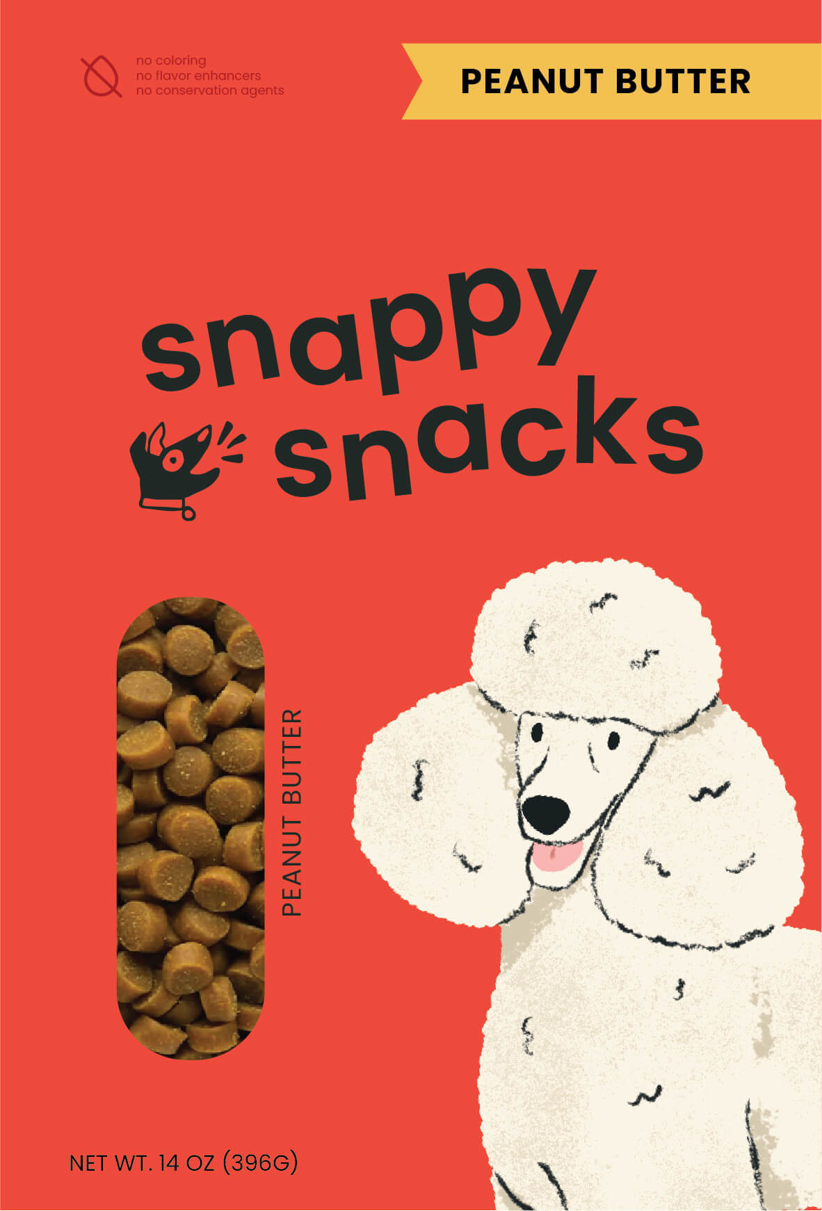 Front Design for Snappy Snacks dog treat packaging in peanut butter flavor. There is a happy STandard Poodle with it's tongue out next to a window with the treats inside