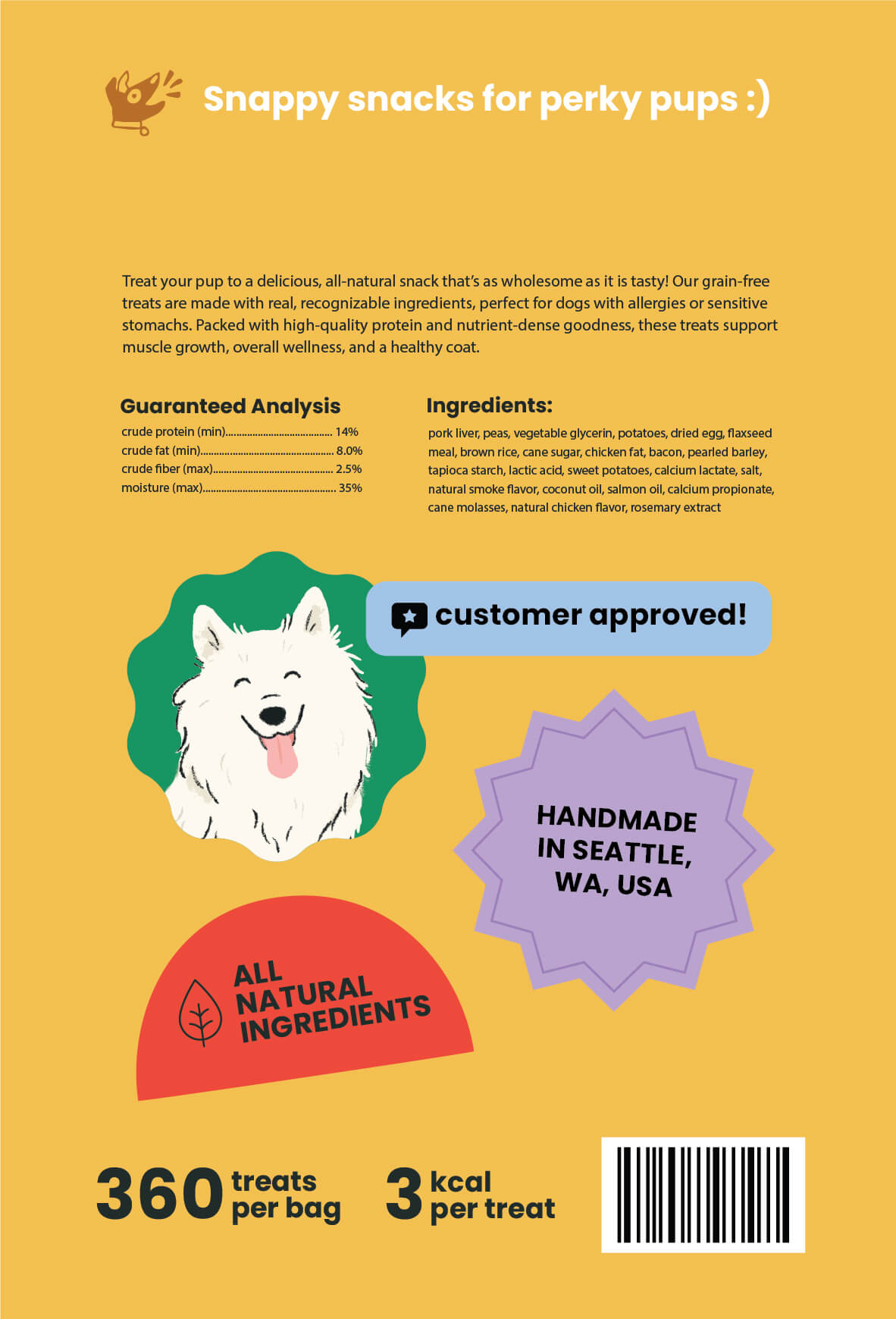 The back of Snappy Snacks dog treat packaging in sweet potato flavor. A yellow background, a samoyed customer approval, and several colorful badges and stickers