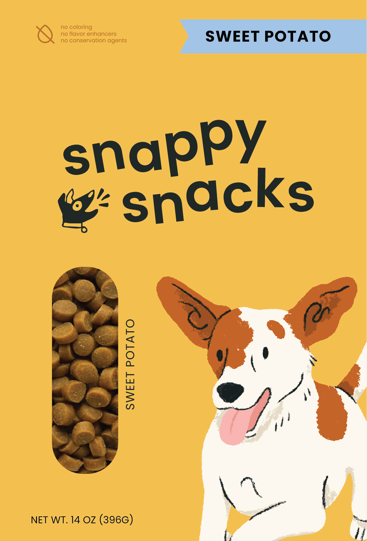 Front Design for Snappy Snacks dog treat packaging in sweet potato flavor. There is a happy running Jack Russell Terrier with it's tongue out next to a window with the treats inside