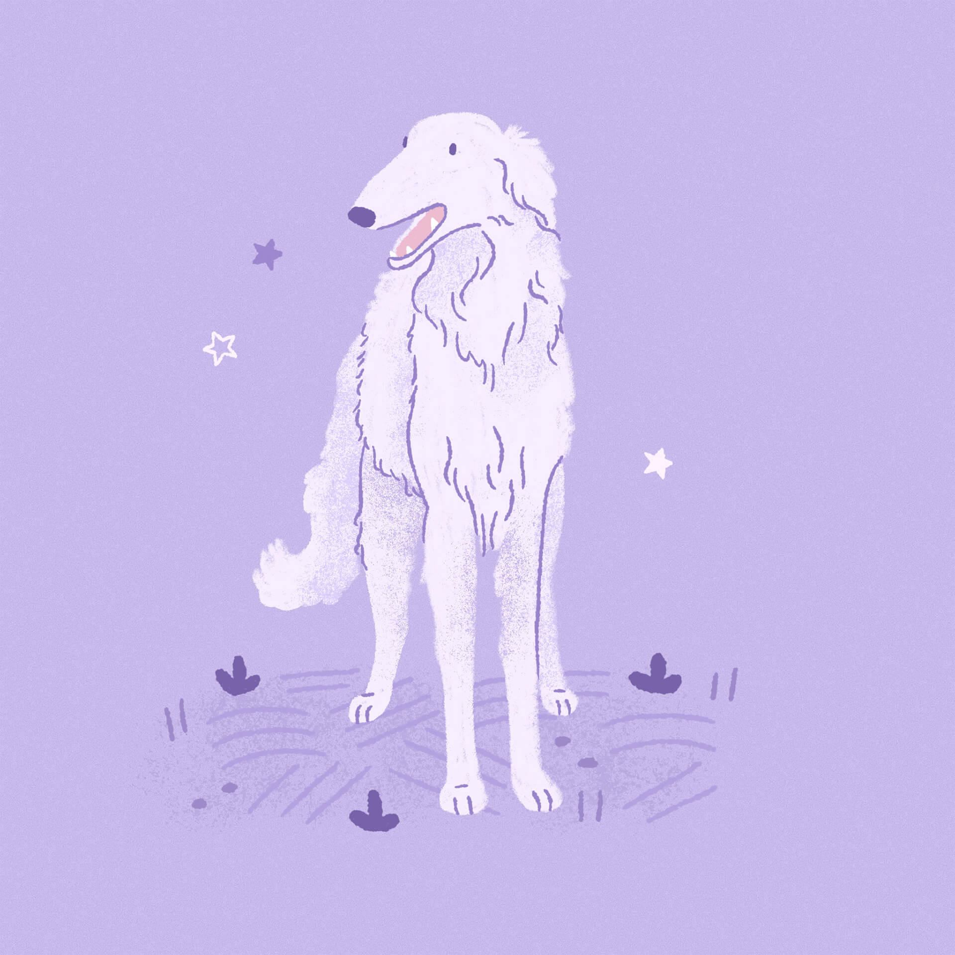 An illustration of a purple borzoi smiling