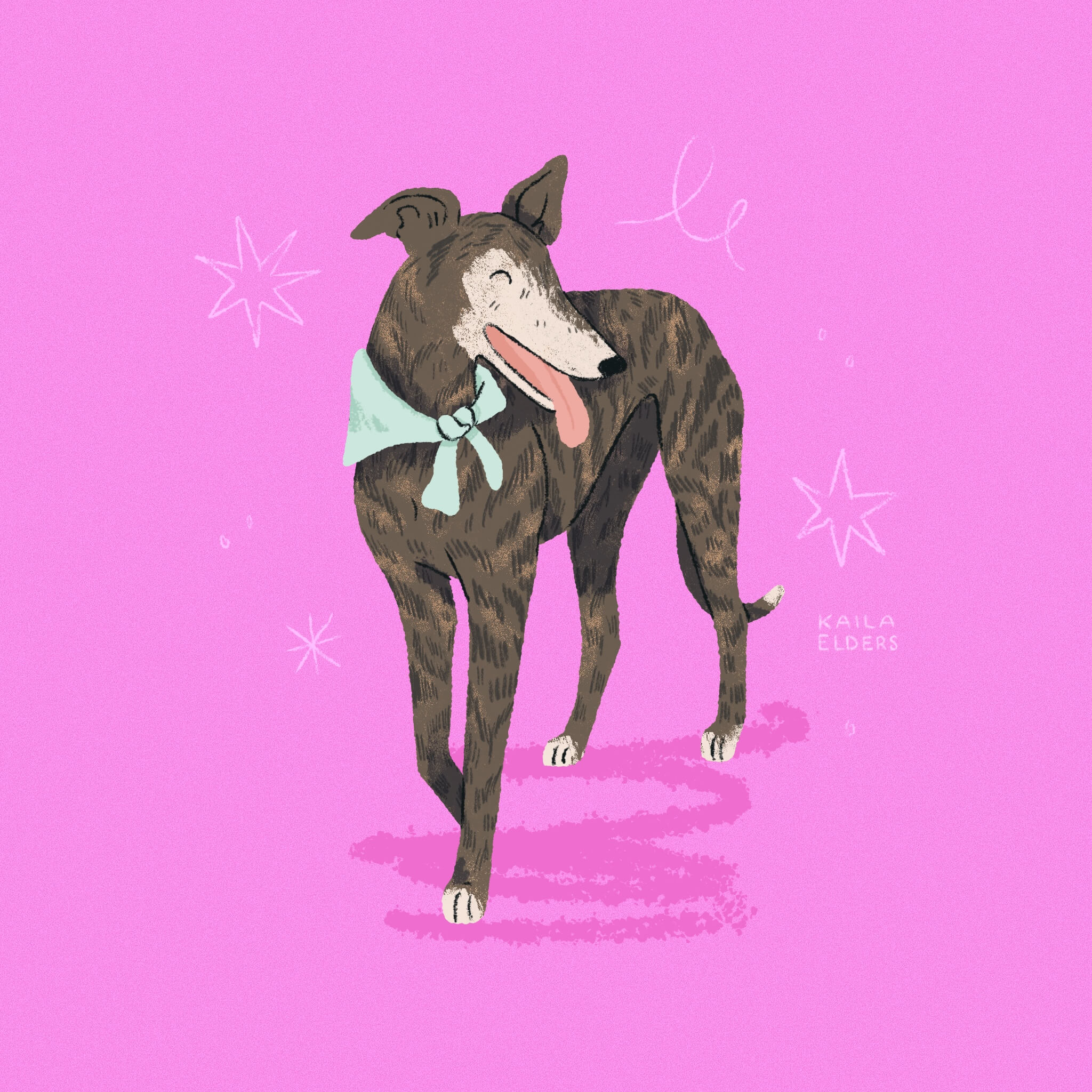 An illustration of a dark brindle greyhound, smiling with its eyes shut, wearing a blue bandana. Its tongue is out in a happy smile. The background is bright pink.