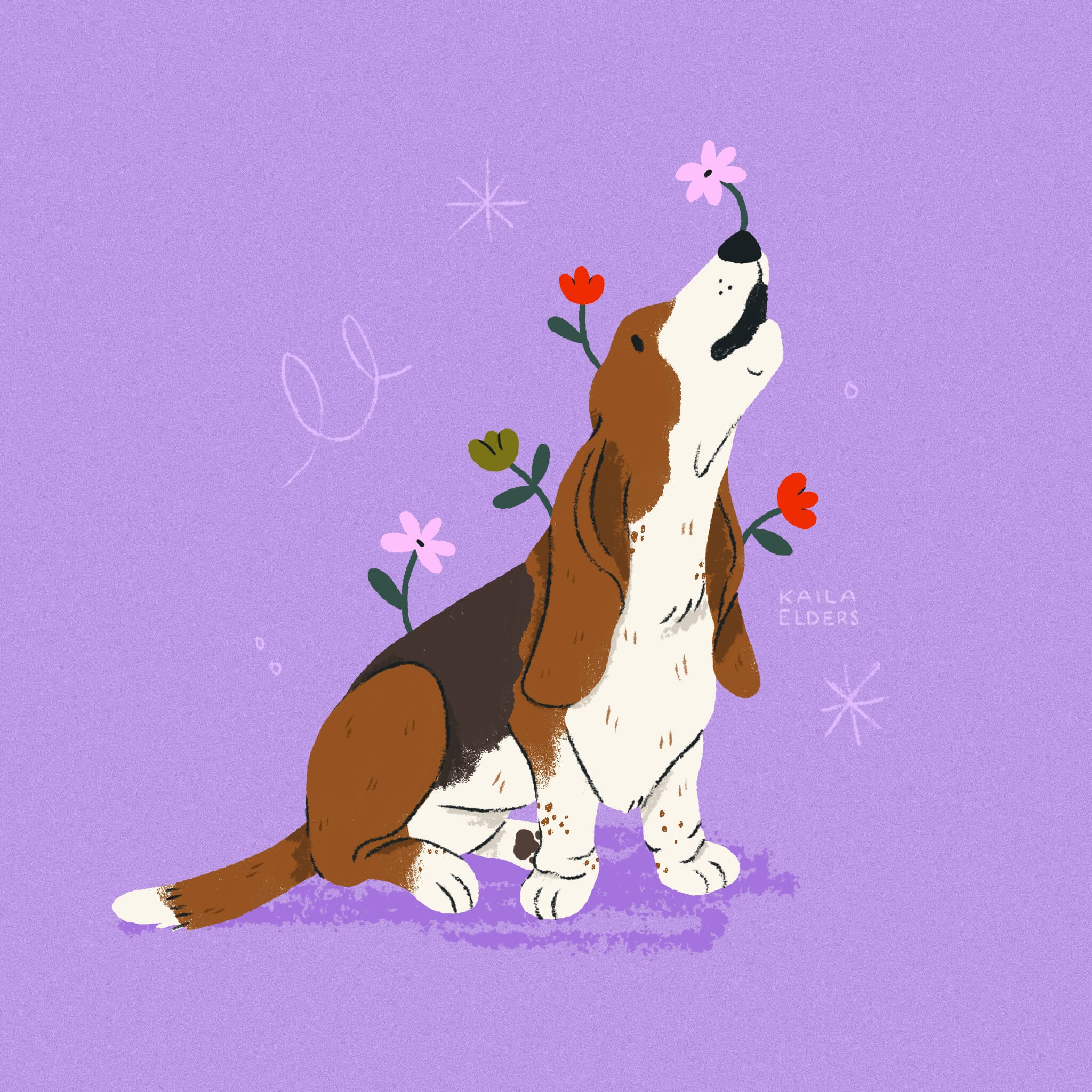 An illustration of a Basset Hound dog sitting and pointing its nose up in the air. colourful flowers grow from its back and the tip of its nose whimsically.