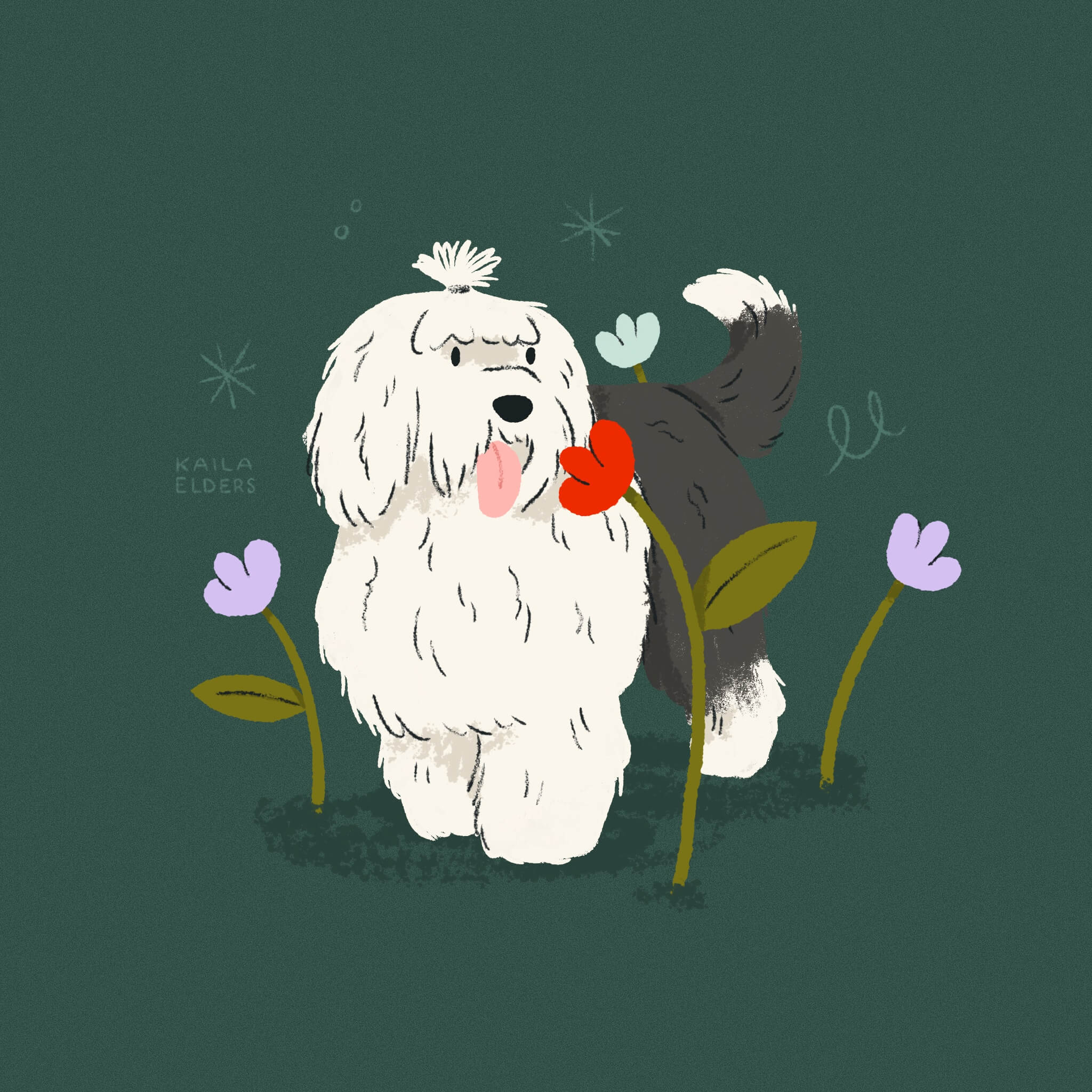 An illustration of an Old English Sheepdog, surrounded by some colourful, long stemmed flowers. It is smelling the red one. Its hair is in a little bun atop its head. The background is a dark foresty green.