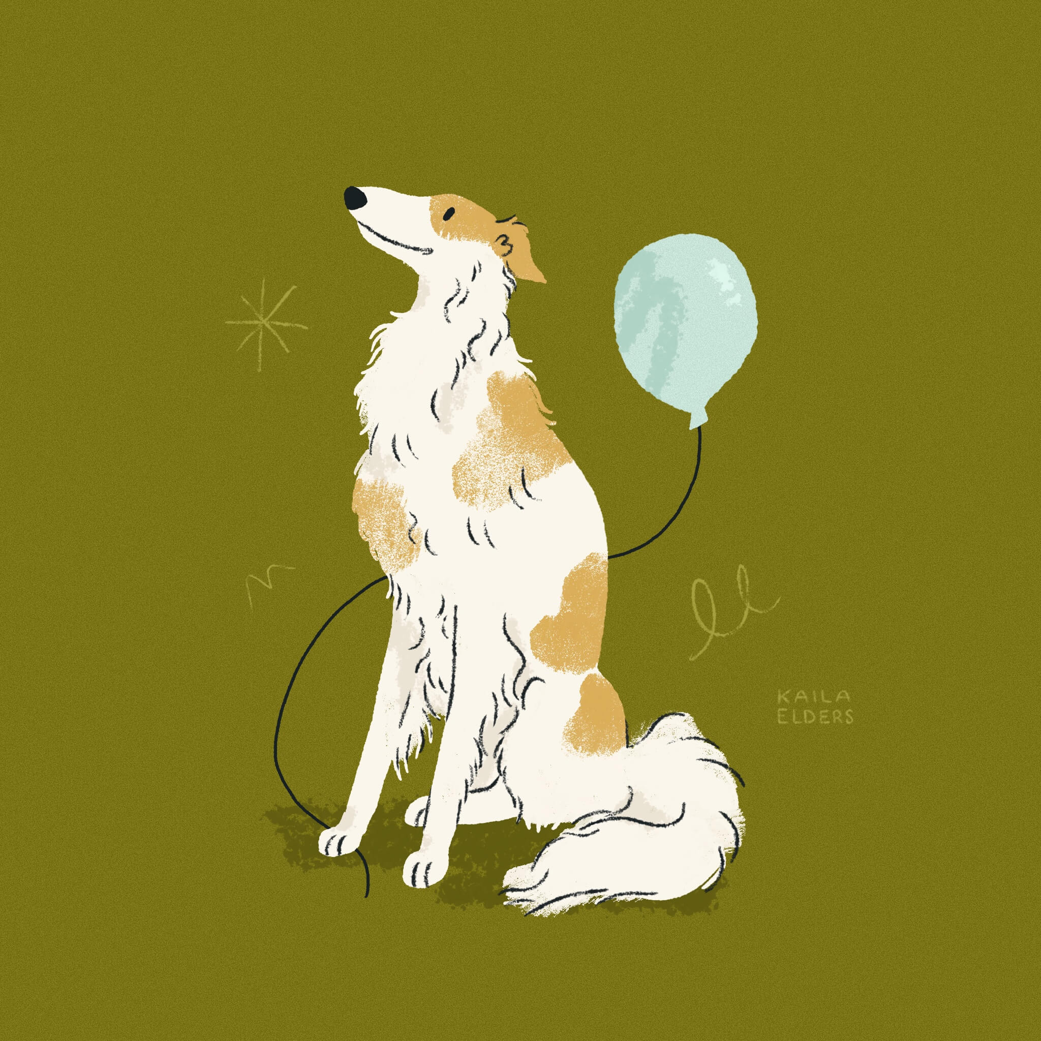 An illustration of a white and tan Borzoi dog, sitting and smiling towards the left, holding the string of a floating light blue balloon under its right paw. The background is olive green.