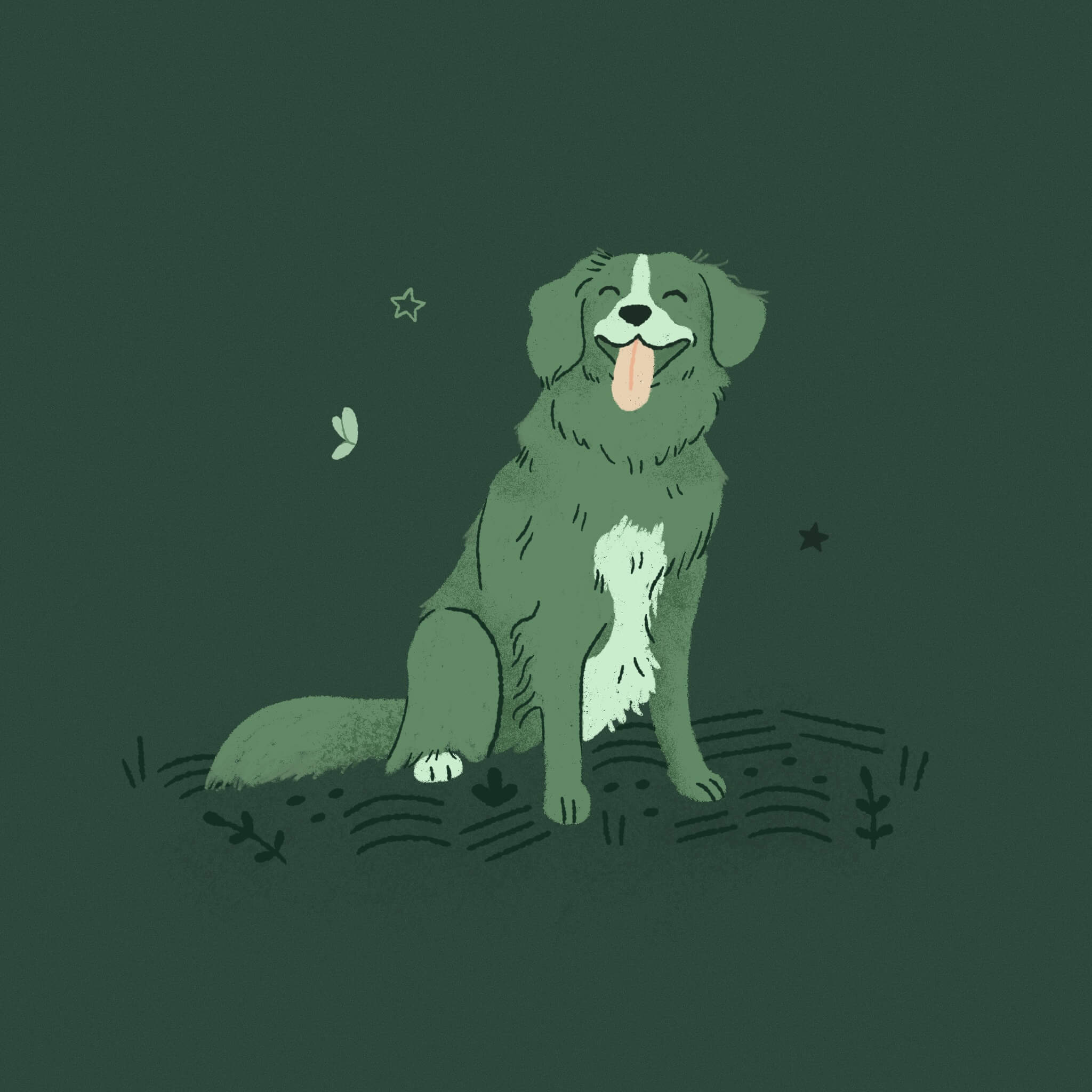 A monochromatic green illustration of a nova scotia duck tolling retriever dog