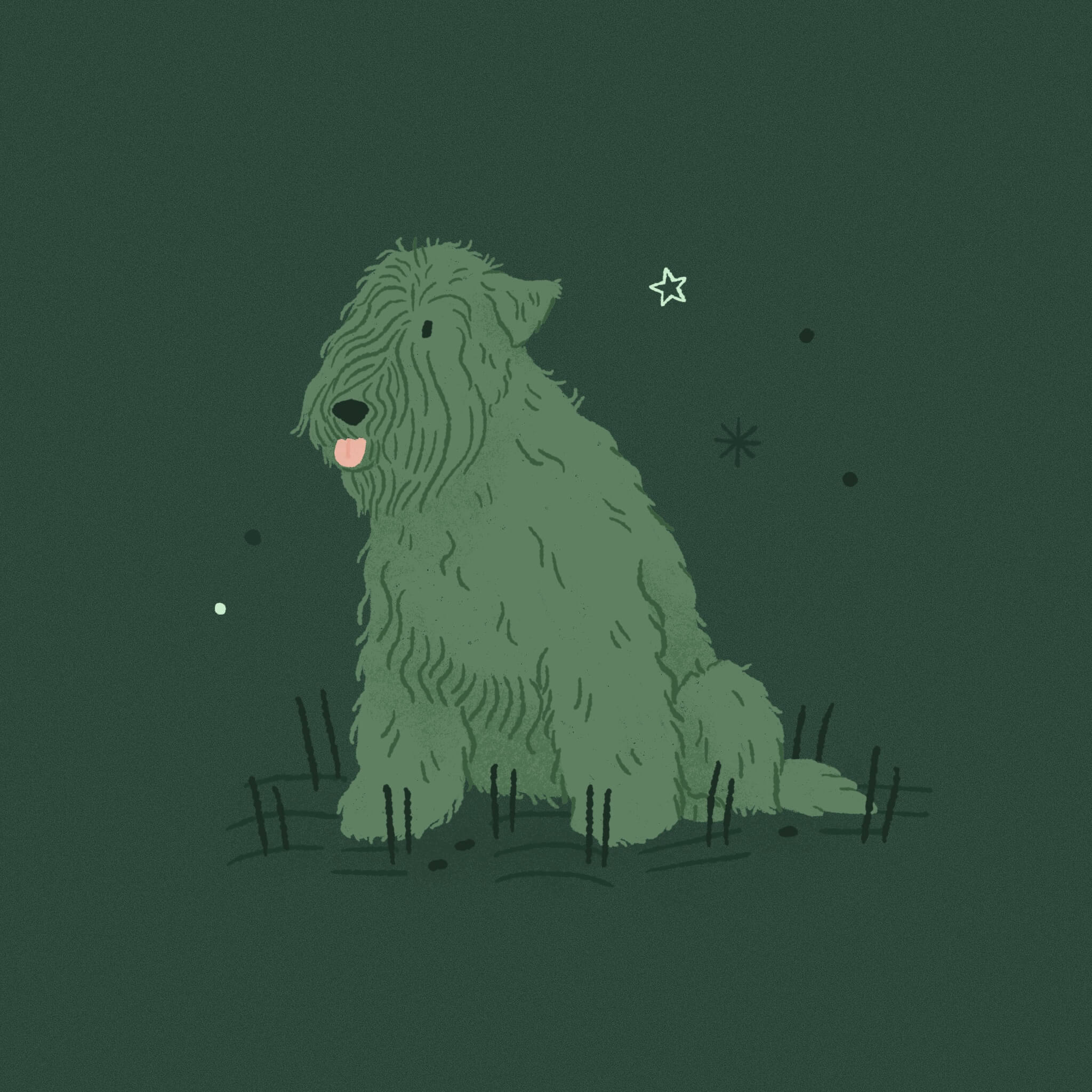 A monochromatic deep green illustration of a Wheaten Terrier dog sitting with its pink tongue out