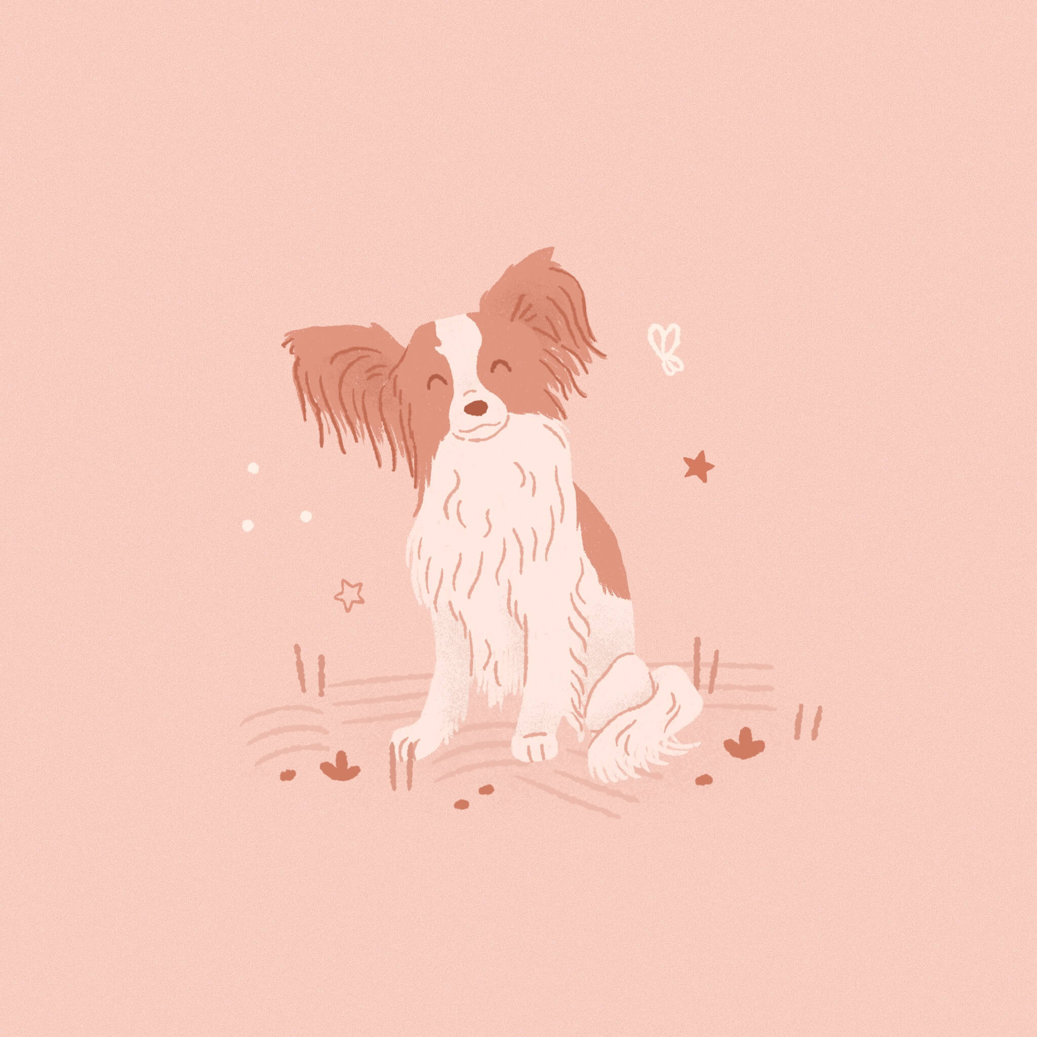 A monochromatic pink illustration of a Papillion dog sitting and tilting its head