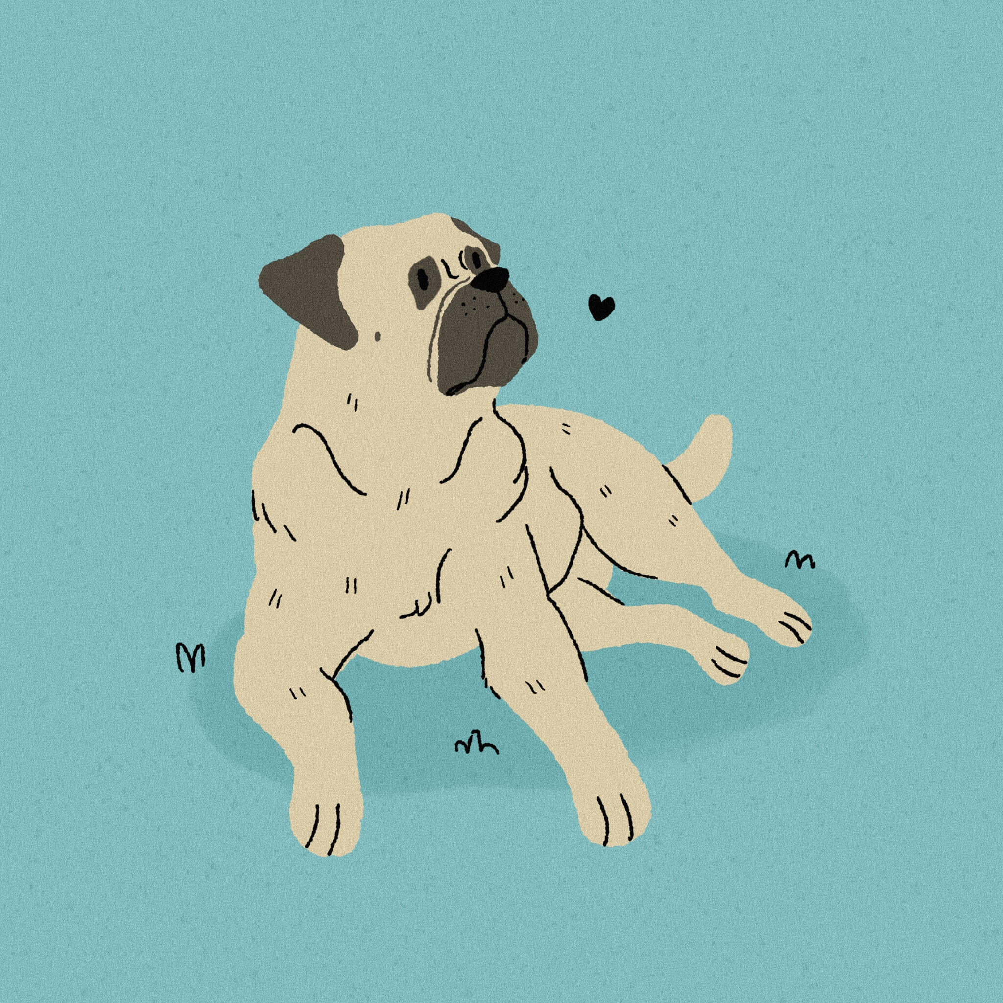 An illustration of a tawny and brown Bullmastiff dog laying down looking upwards on a bright blue background