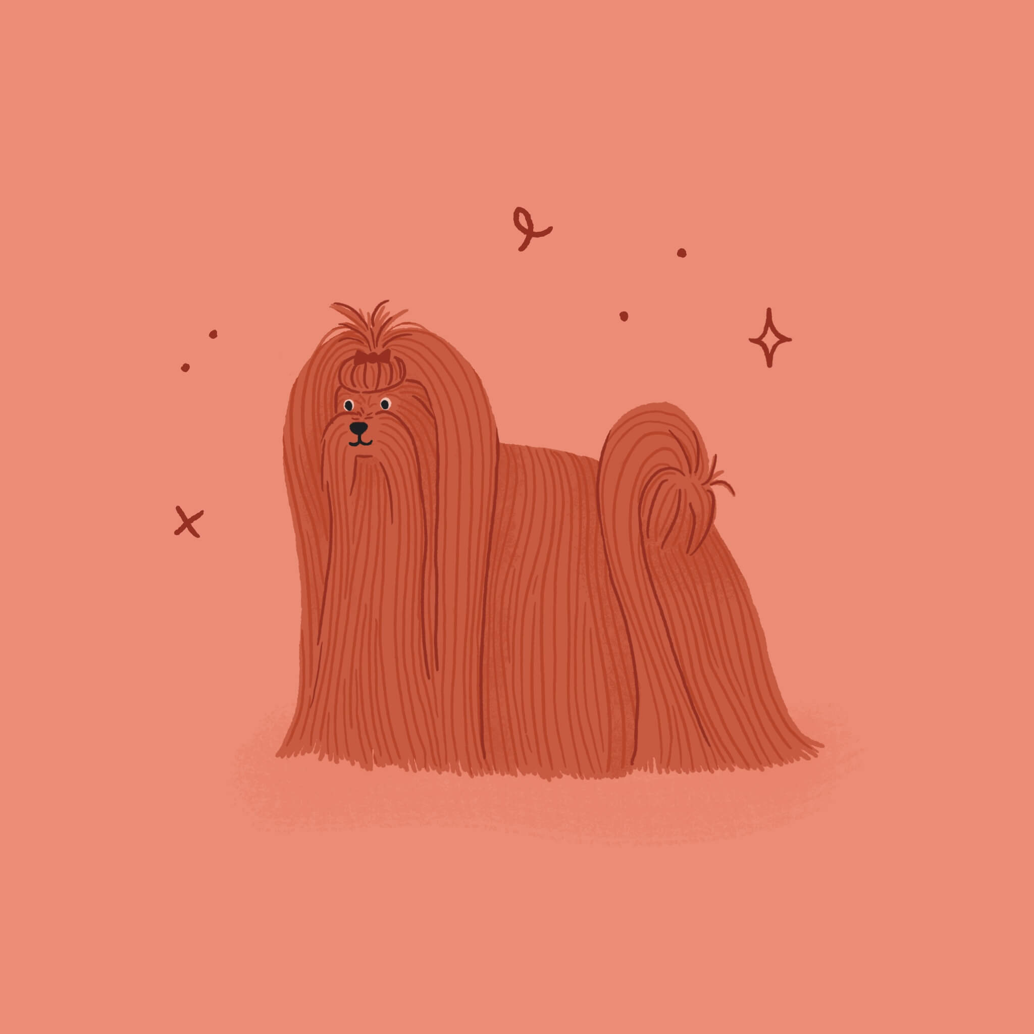 A monochromatic pink and red illustration of a Maltese dog with a cute pony and well brushed out hair