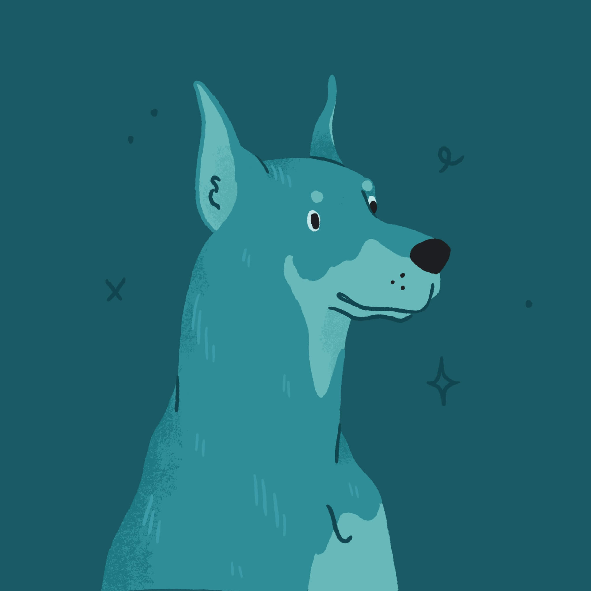 A monochromatic blue illustration of a Doberman Pinscher's head