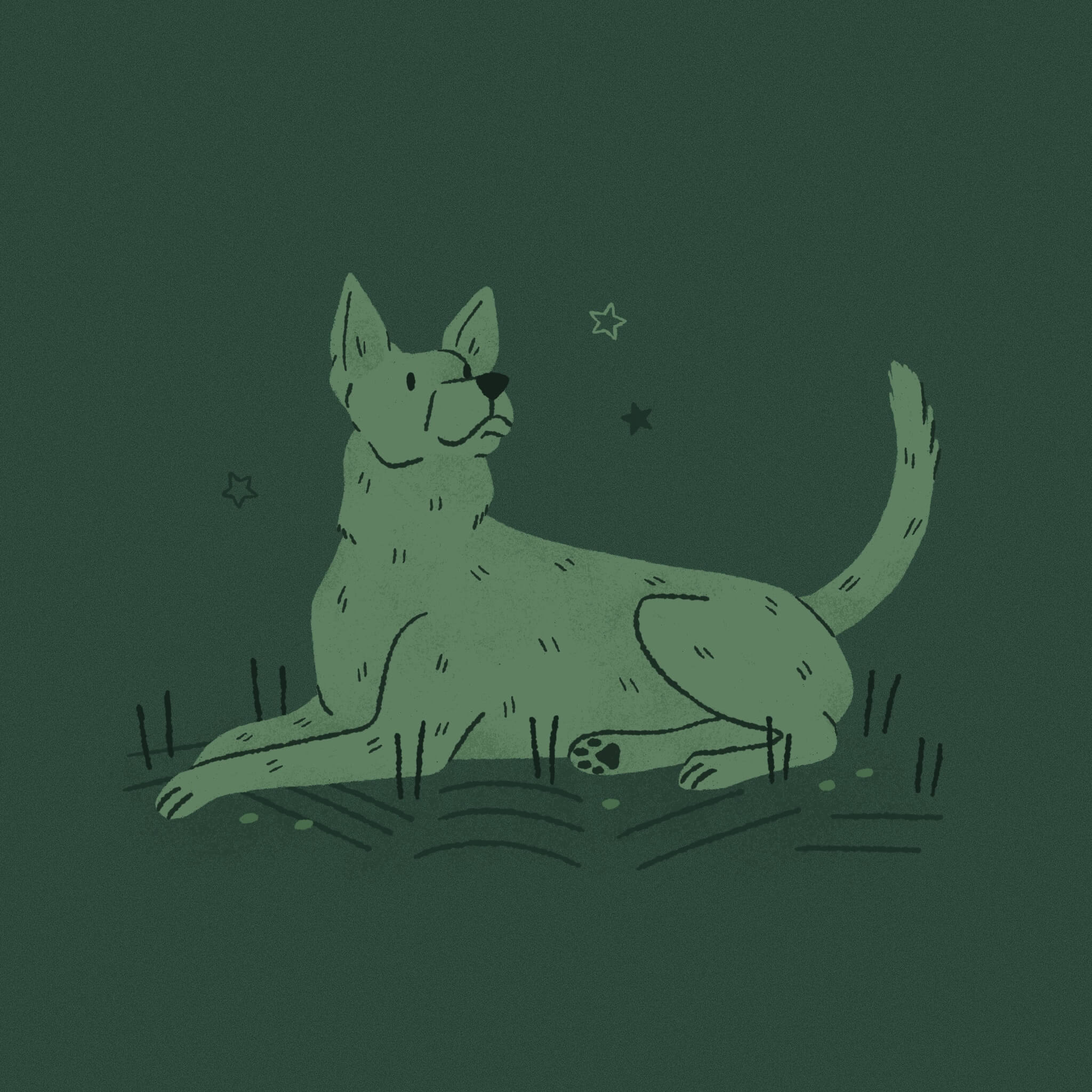 A monochromatic deep green illustration of a Taiwan Mt Dog laying in the grass and looking up happily