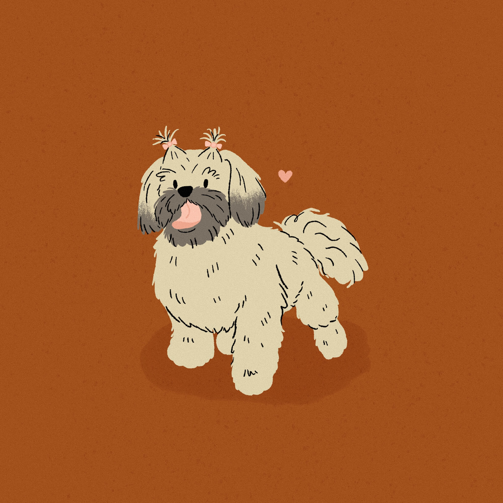 An illustration of a happy blonde Lhasa Apso dog with two ponytails in its hair, in front of a dark orange background