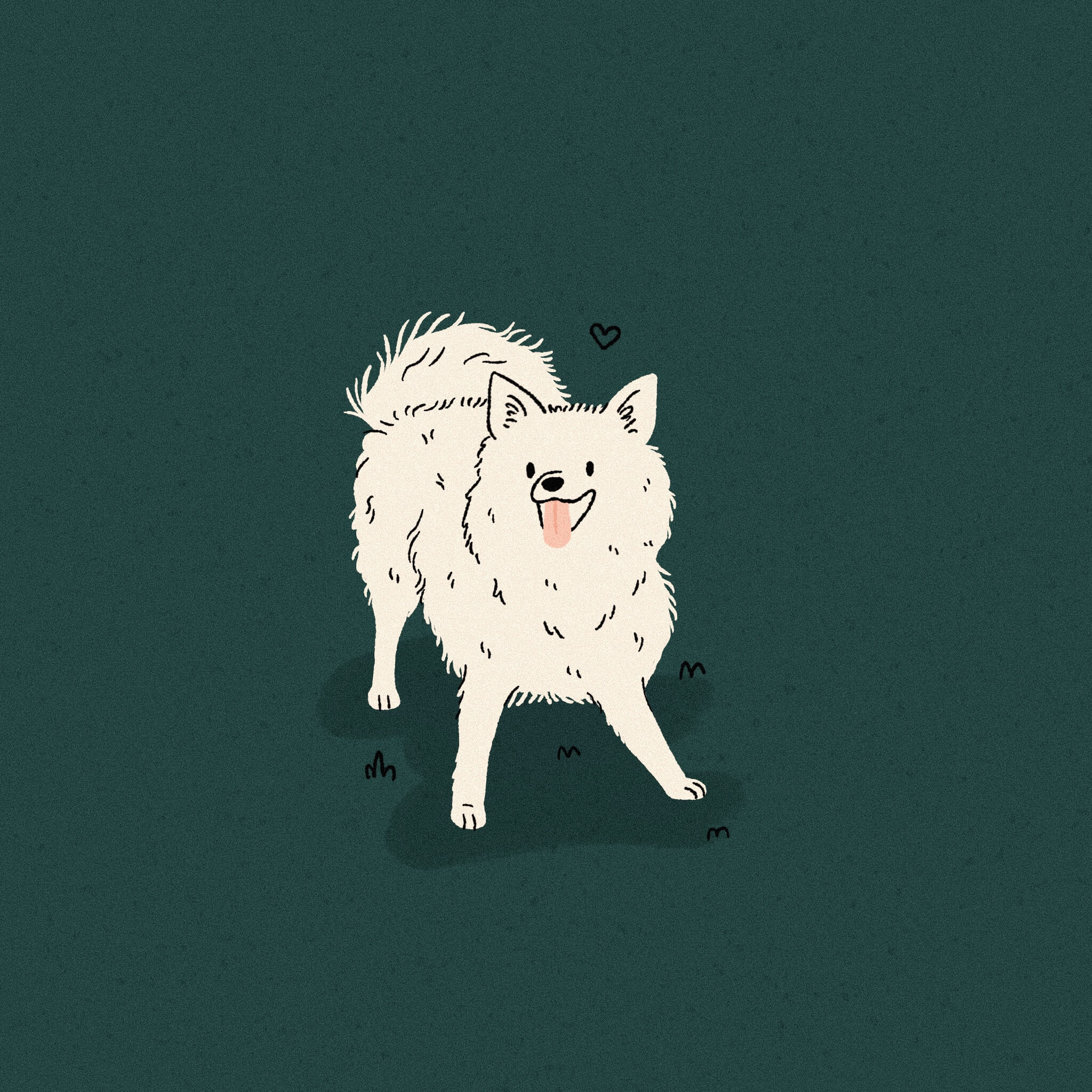 AN illustration of a small white Japanese Spitz dog in a playful bow, with a dark bluey green backrgound