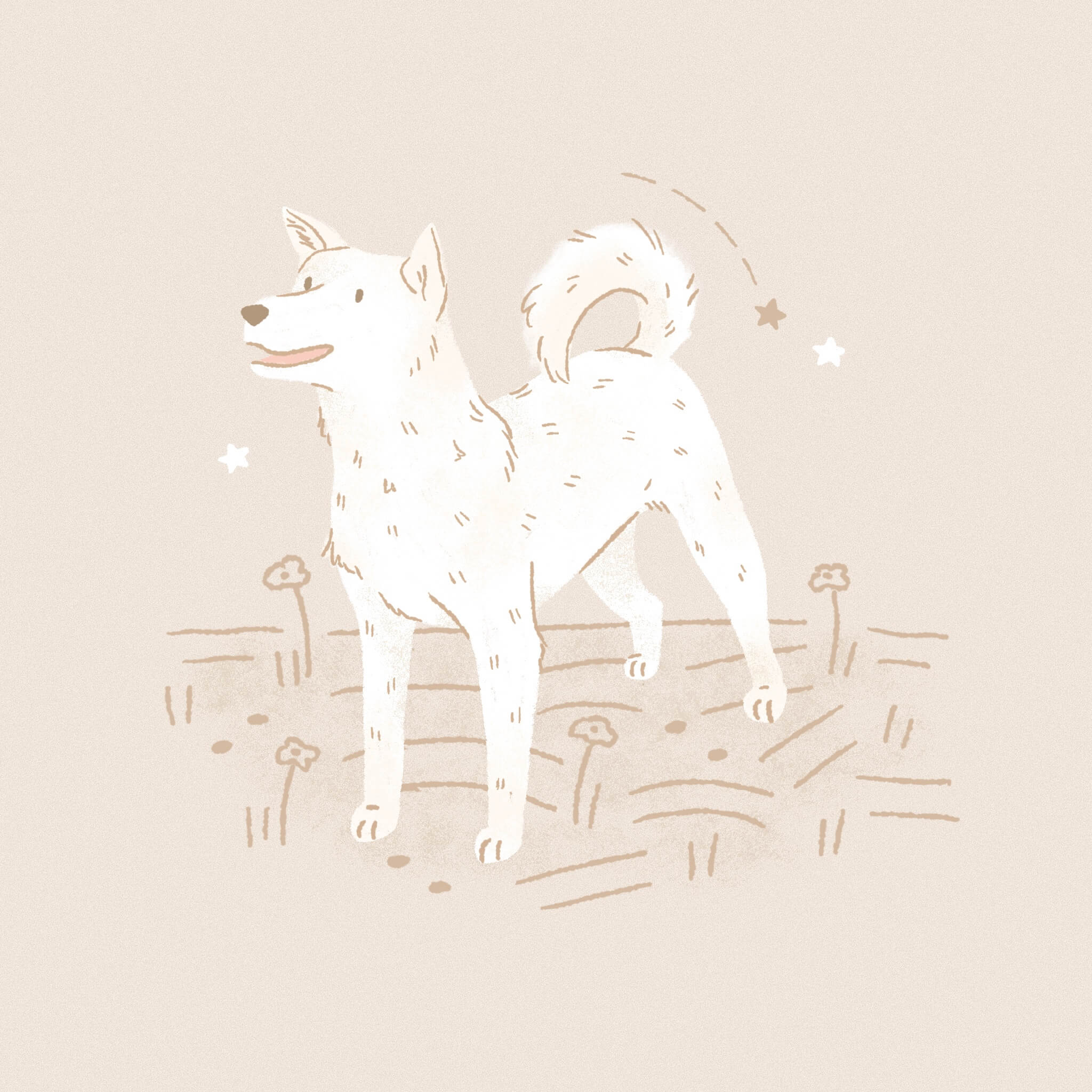 A monochromatic neutral toned illustration of a Jindo dog smiling amongst some flowers