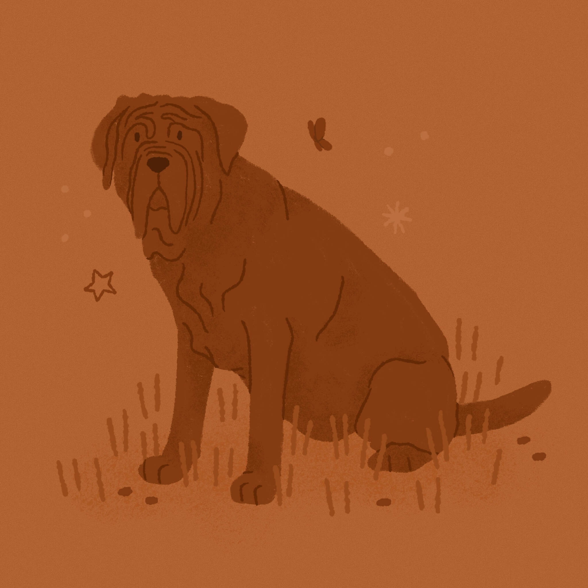 A monochromatic orange illustration of a large Neopolitan Mastiff dog sitting with butterflies in the grass