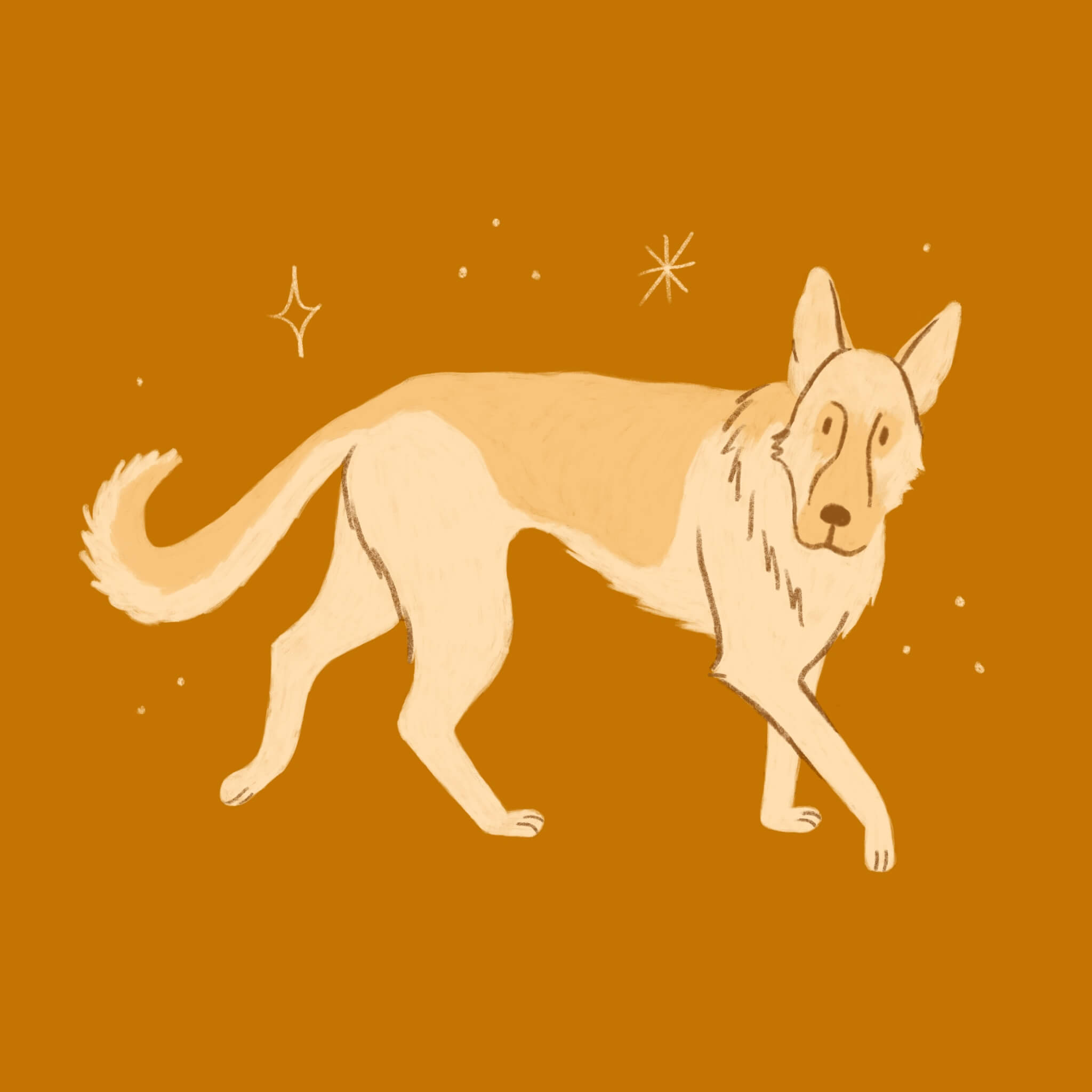 An illustration of an orange german shepherd