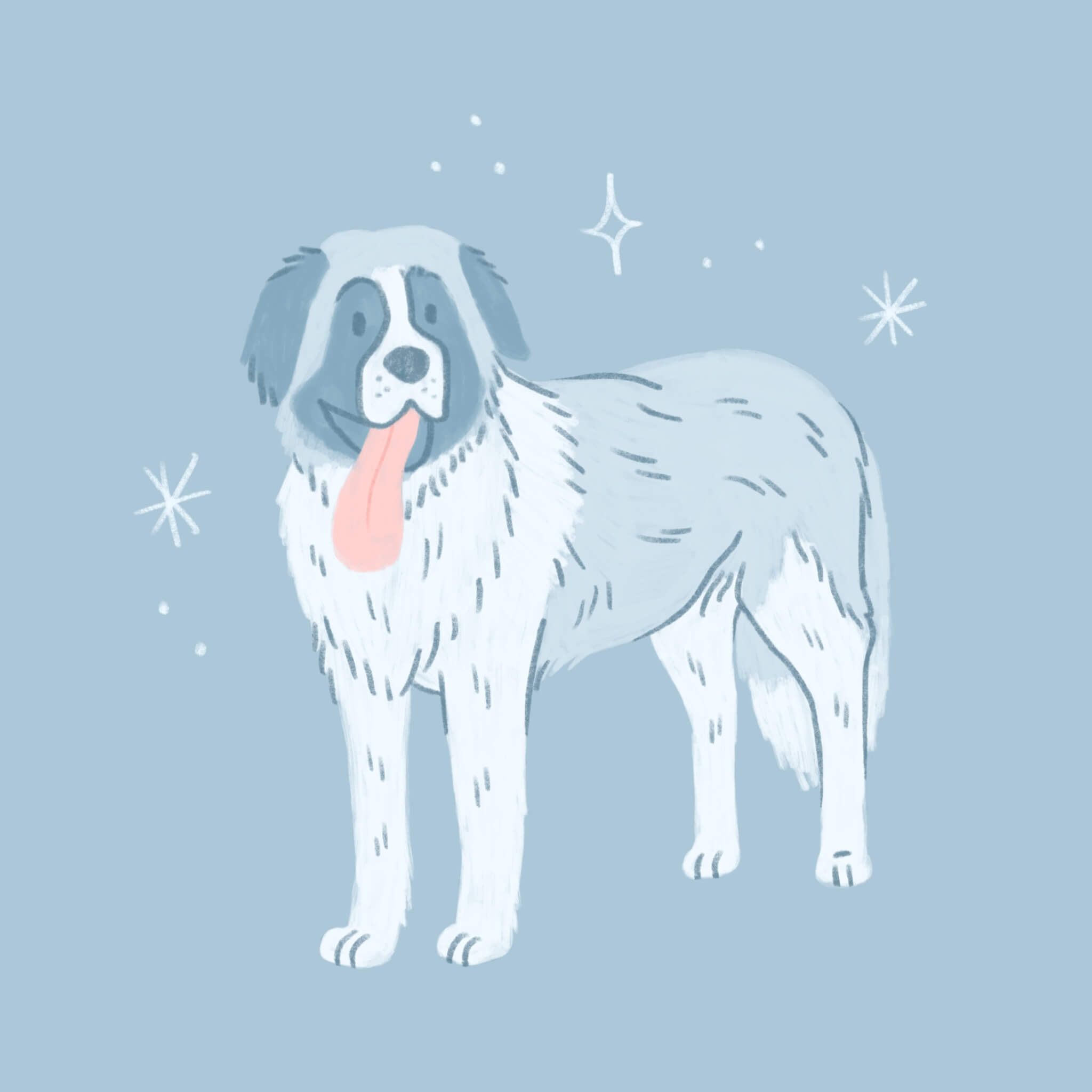 An illustration of a blue Saint Bernard dog with its tongue hanging out