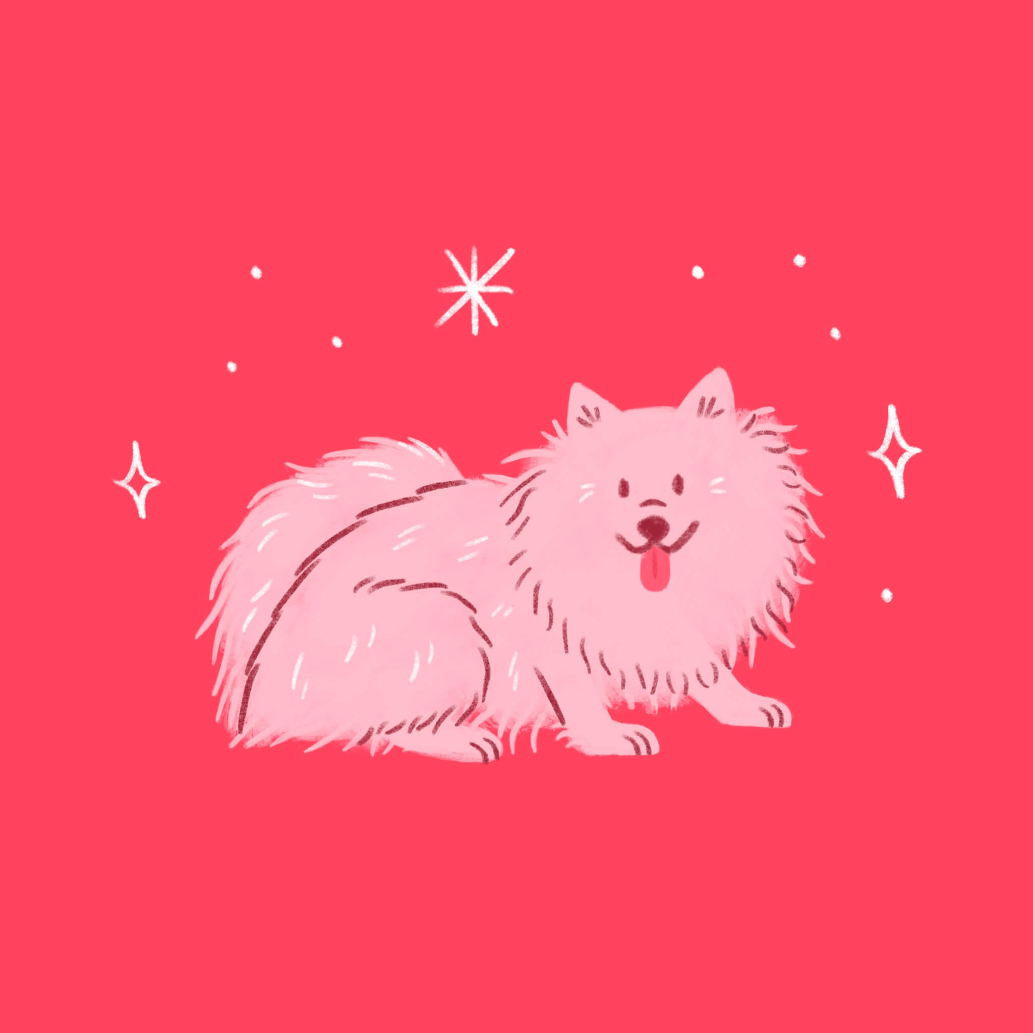 An illustration of a happy pink Pomeranian dog