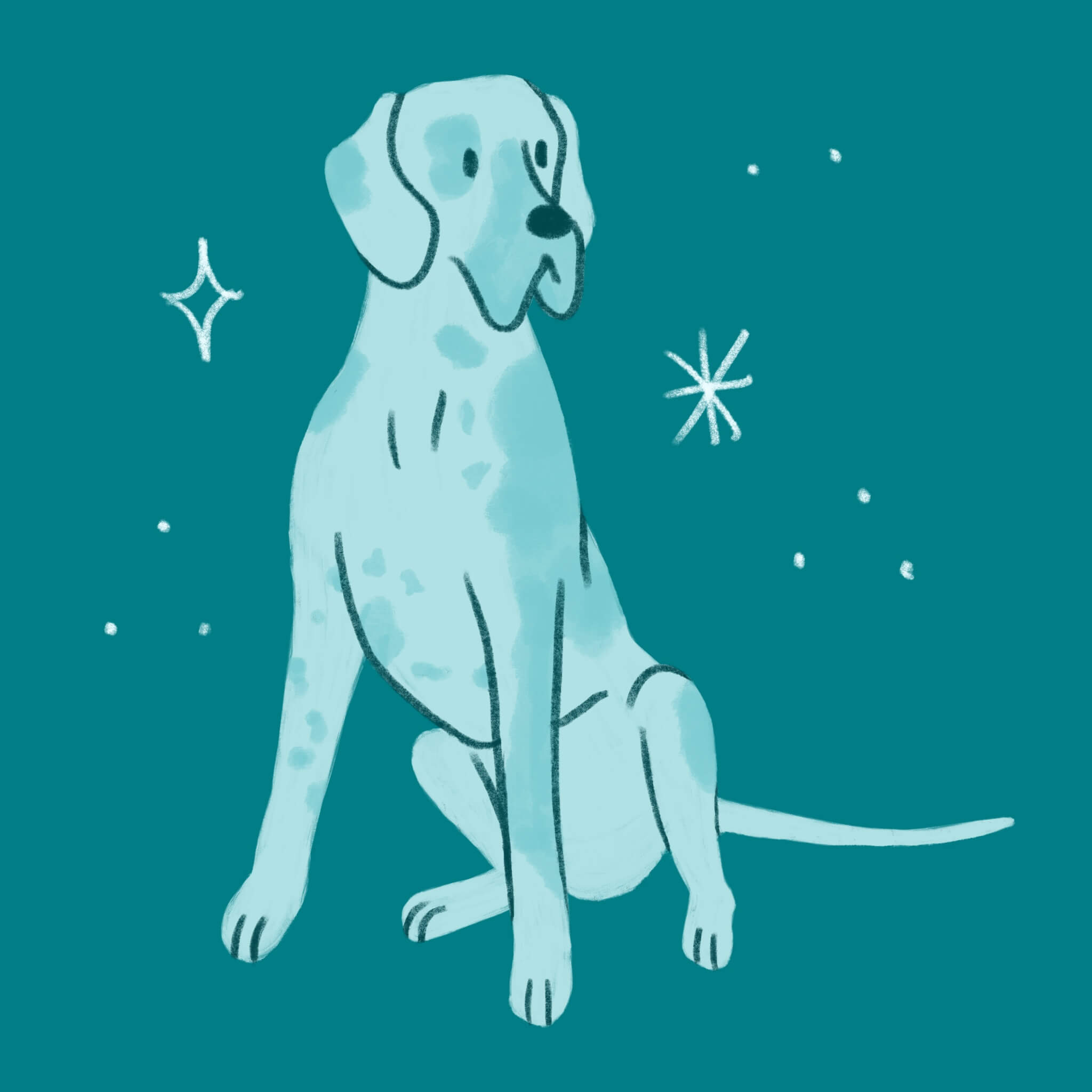 An illustration of a blue spotted Great Dane dog sitting