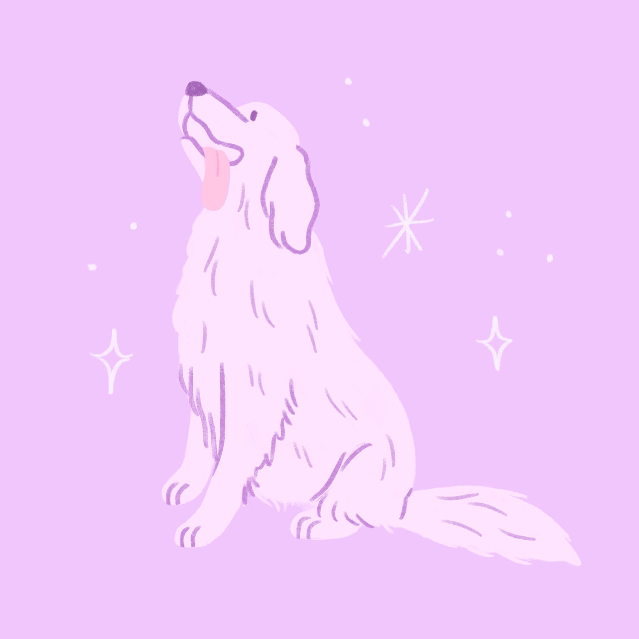 An illustration of a lavender Retriever dog sitting happily with its tongue hanging out