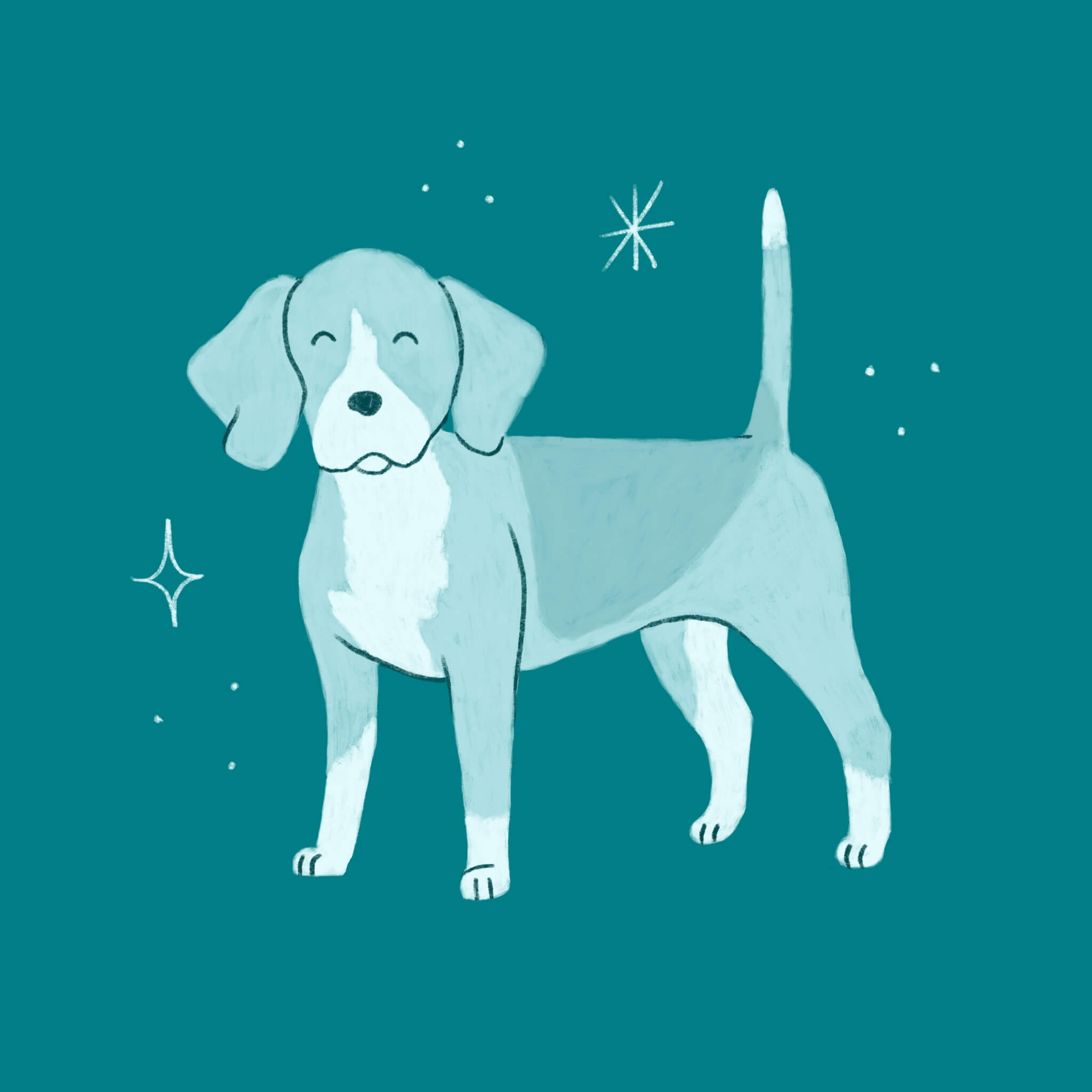 An illustration of a blue beagle dog standing happily