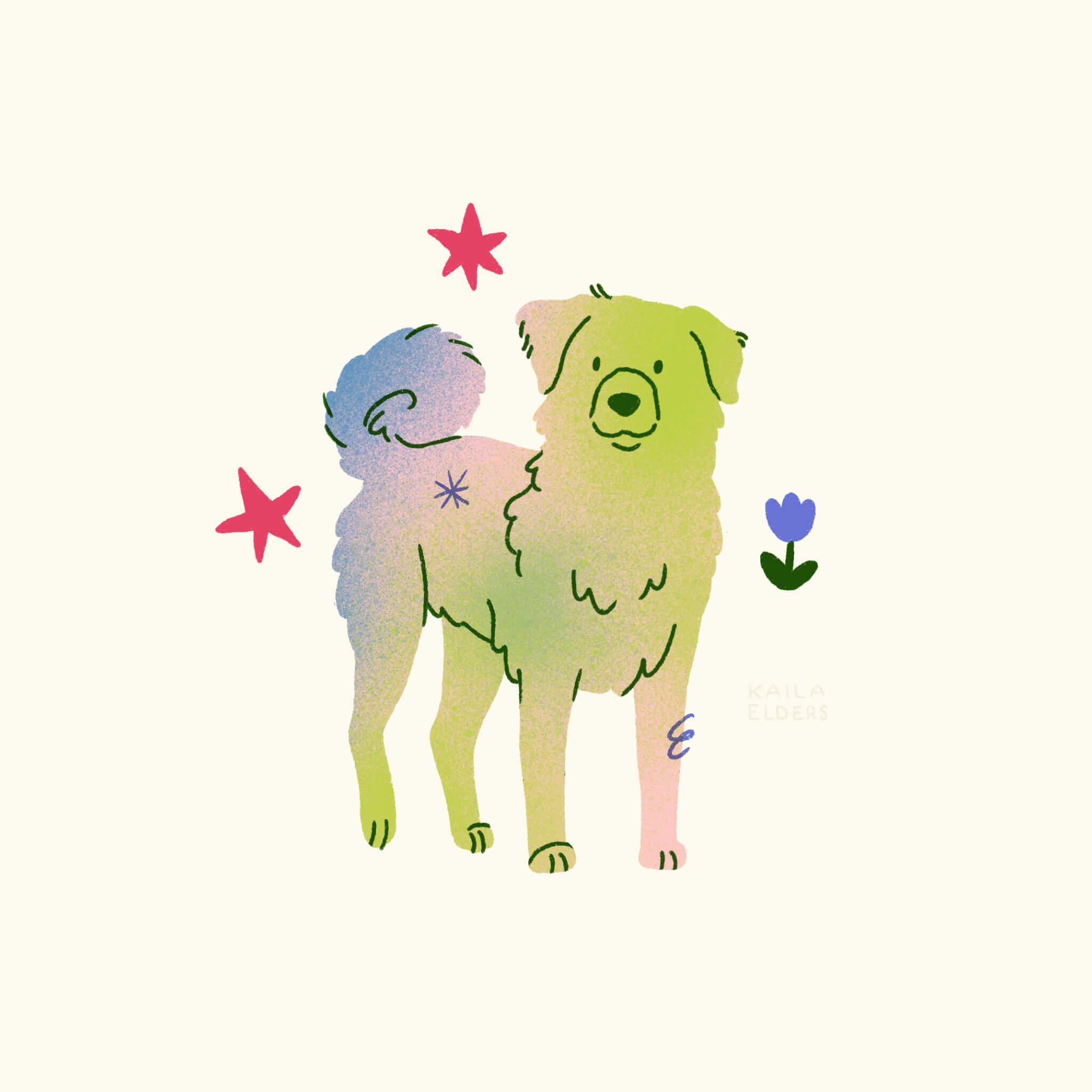 An illustration of an Akbash dog in pastel gradient colours of lime green, pale purple, and pink