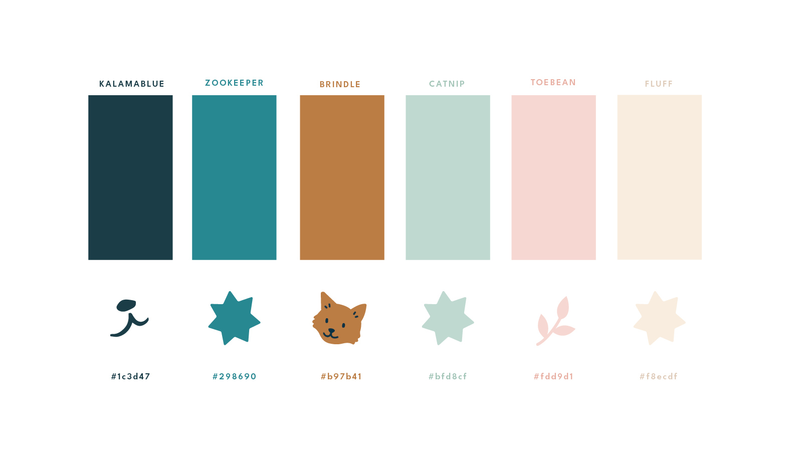 The colour palette for the Barks in the Zoo brand, featuring 6 colours of blues, teal, pink, and orange