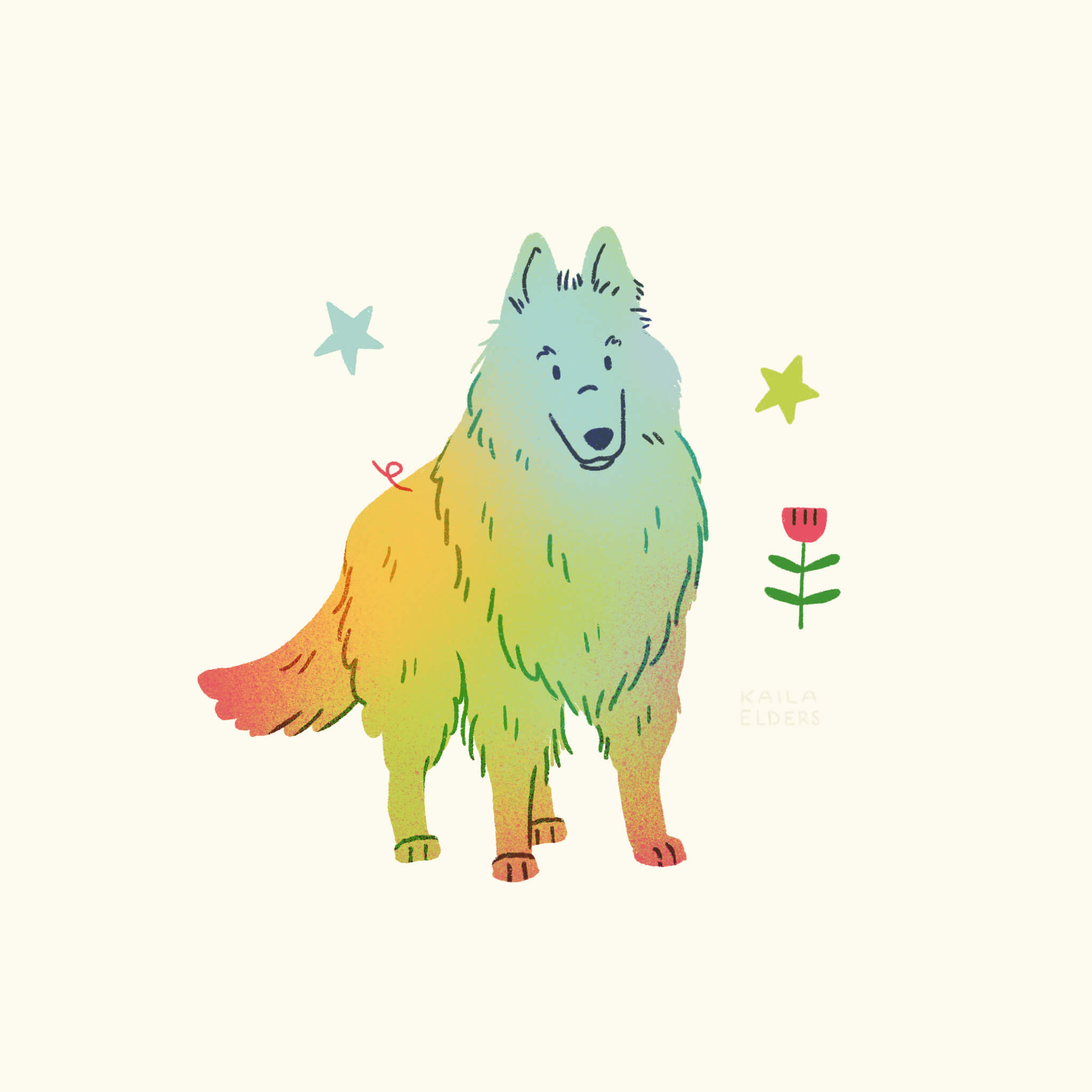 An illustration of a Belgian Tervuren dog with green, red, and light blue colours