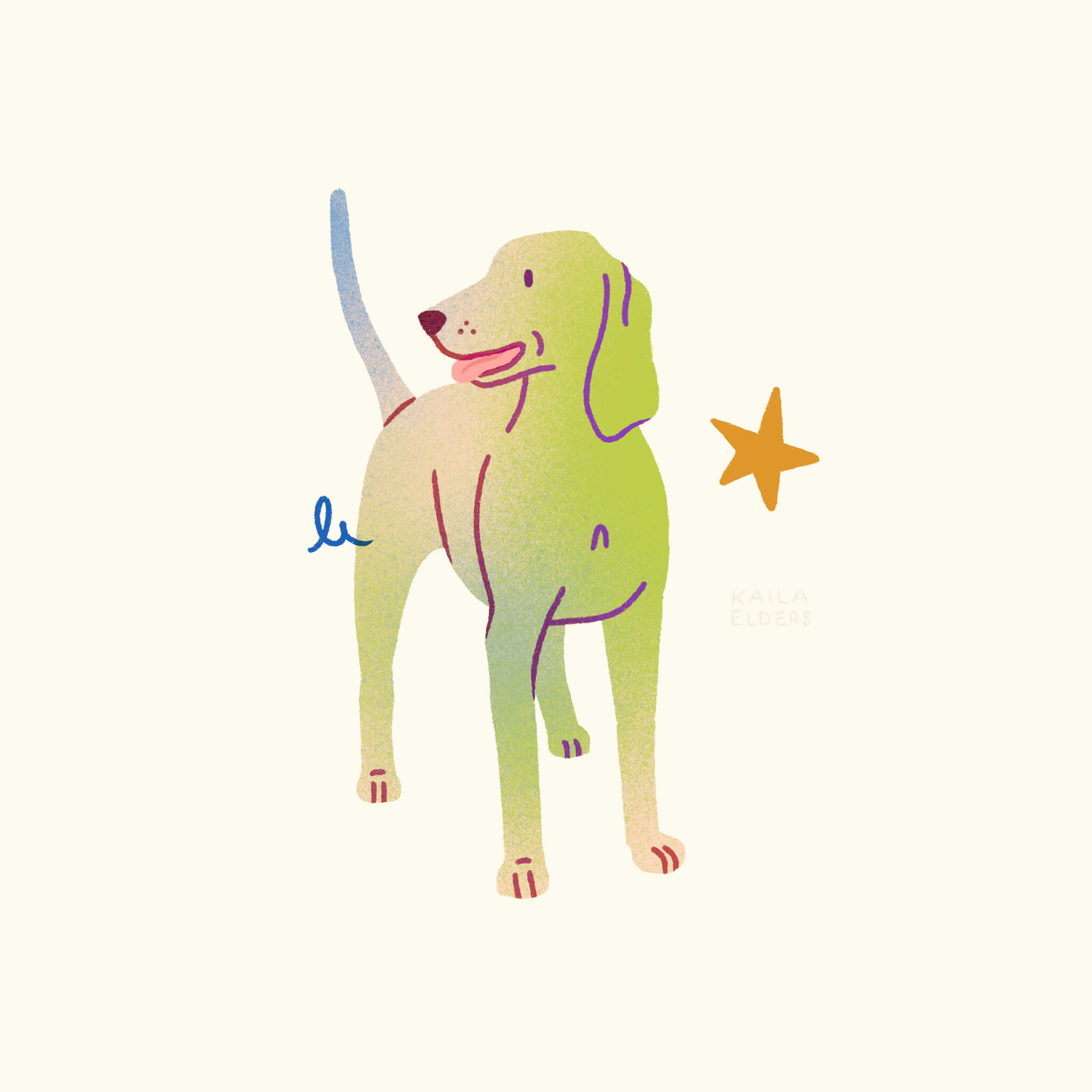 An illustration of a Billy dog in green and blue and pink colours