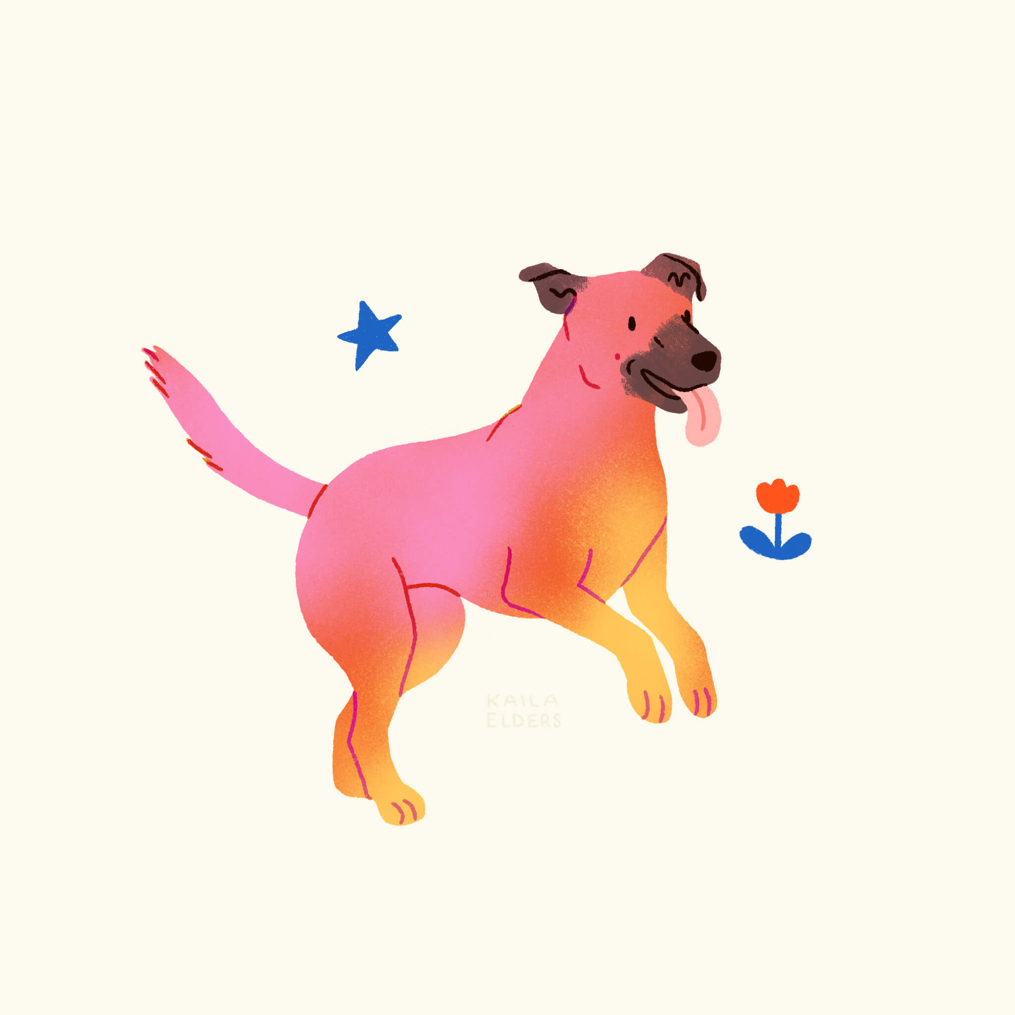 An illustration of a Black Mouth Cur dog running in pink, yellow, and red colours