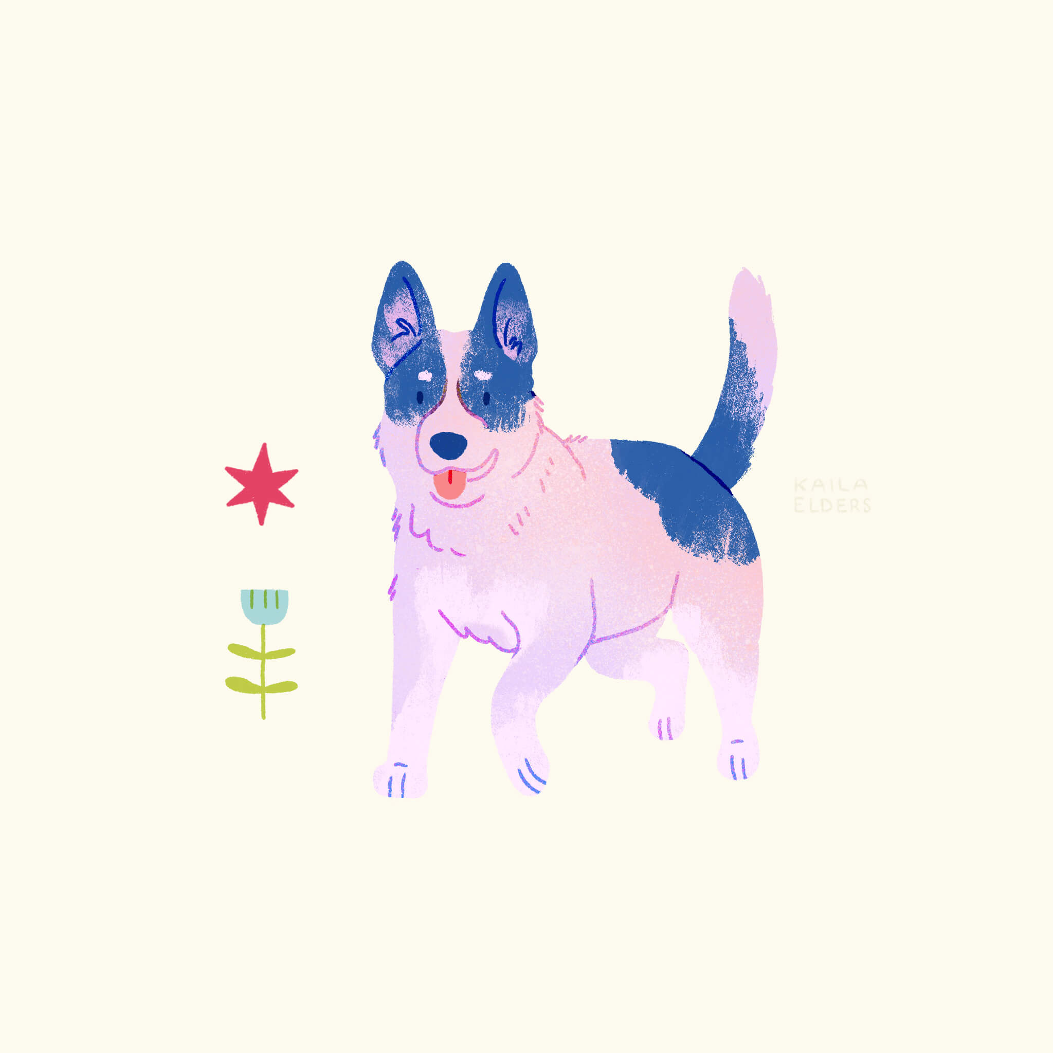 An illustration of a Blue Heeler dog in lilac, pink, and blue colours