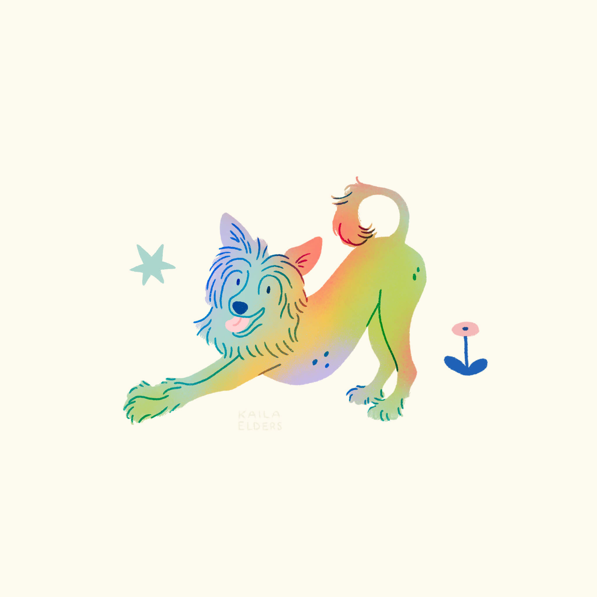 An illustration of a Chinese Crested Dog stretching playfully in a rainbow of colours