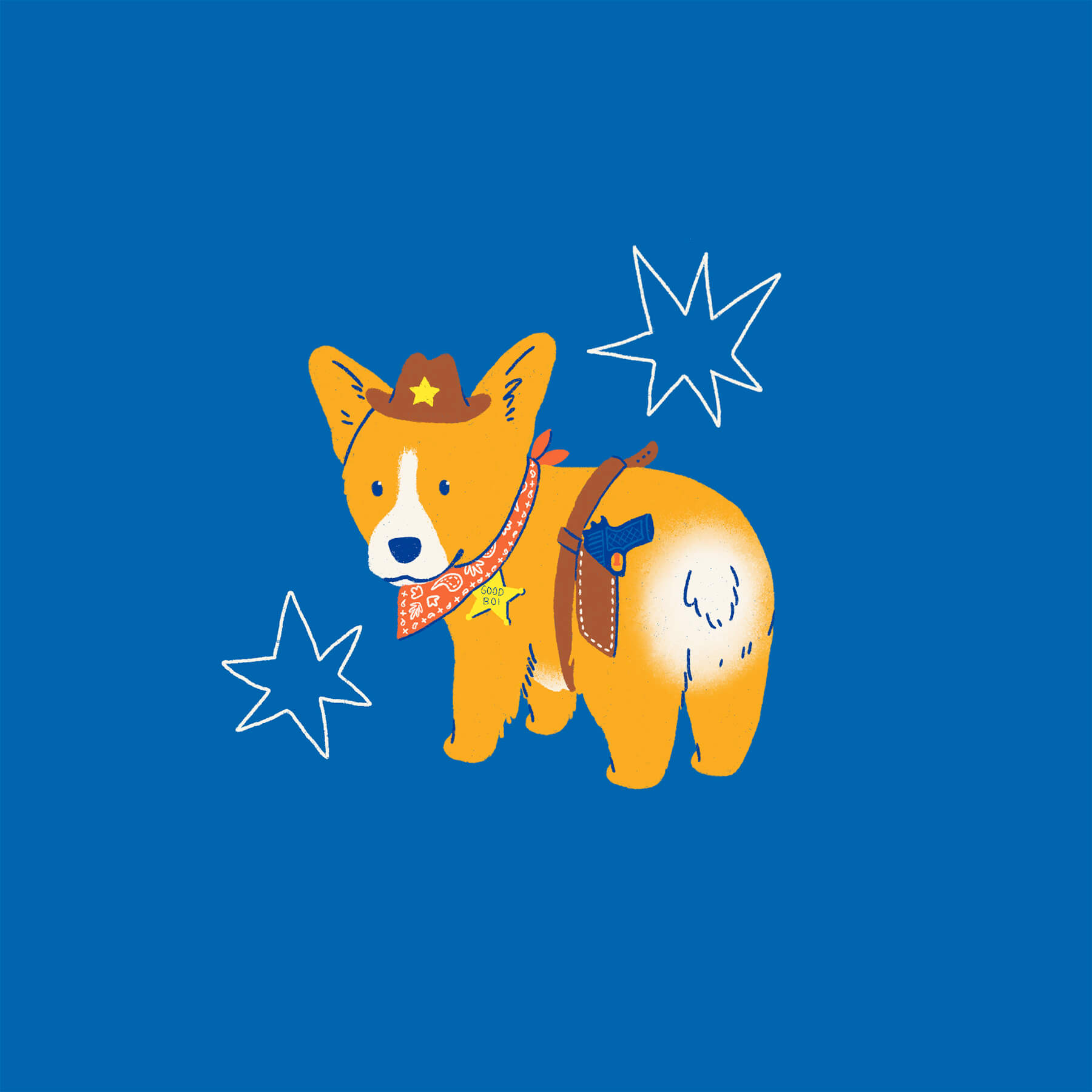 A digital illustration of a small corgi puppy dressed as a cowboy. He has a hat, a kerchief, a sheriff's badge, and a lil watergun around his waist