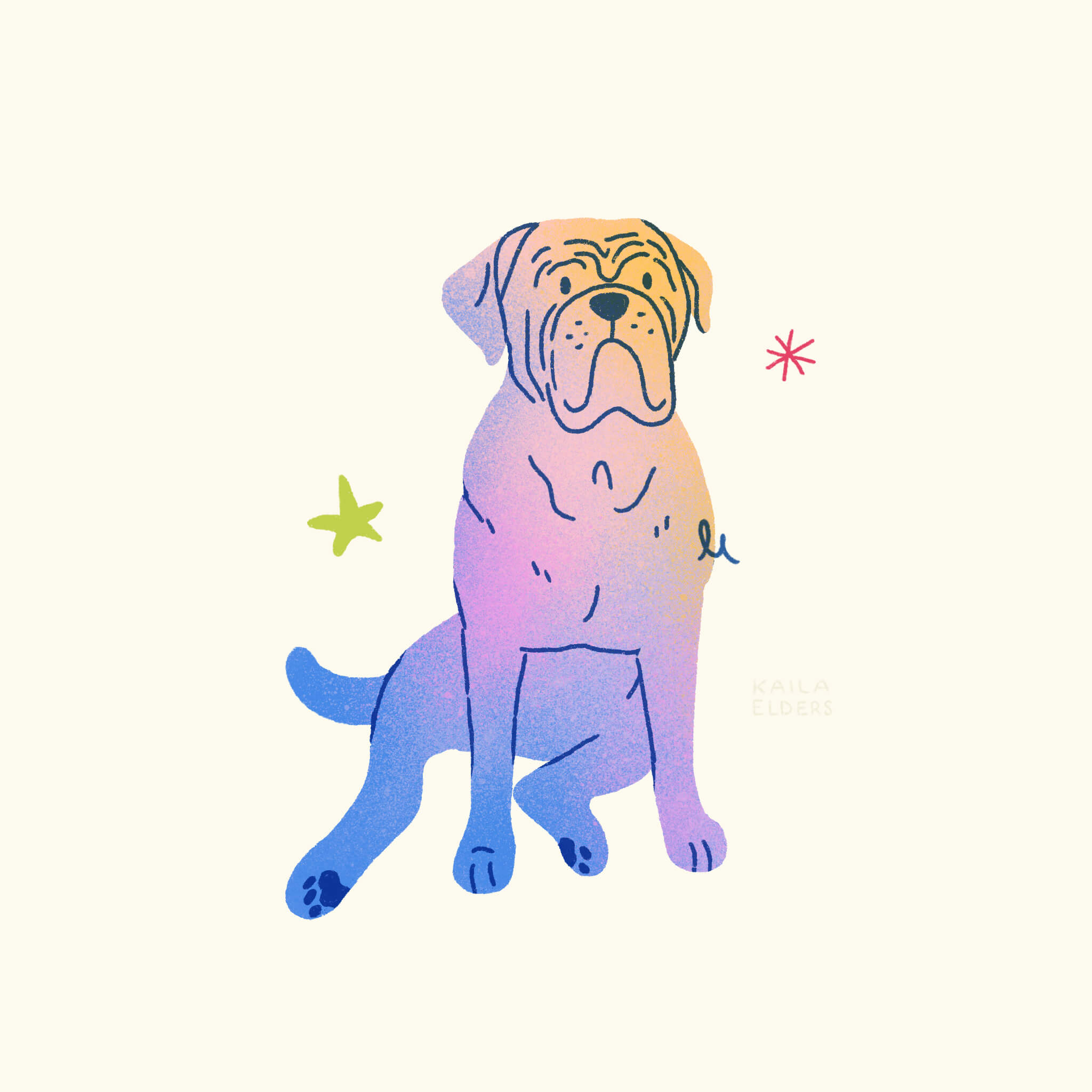 An illustration of a dogue de bordeaux sitting with purple, blue, pink, and yellow coloring